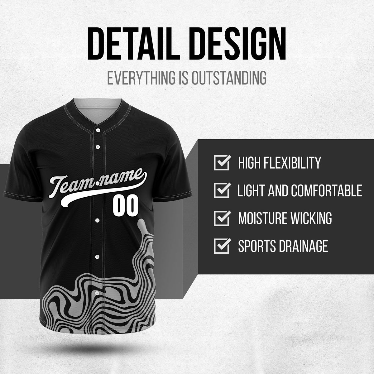 Custom Black Baseball Wave Sports Jersey Personalized Uniform with Name & Number
