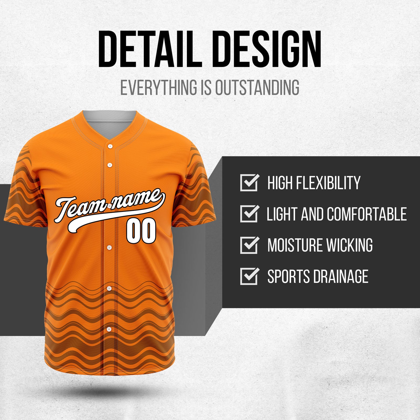 Custom Orange Baseball Wave Sports Jersey Personalized Uniform with Name & Number