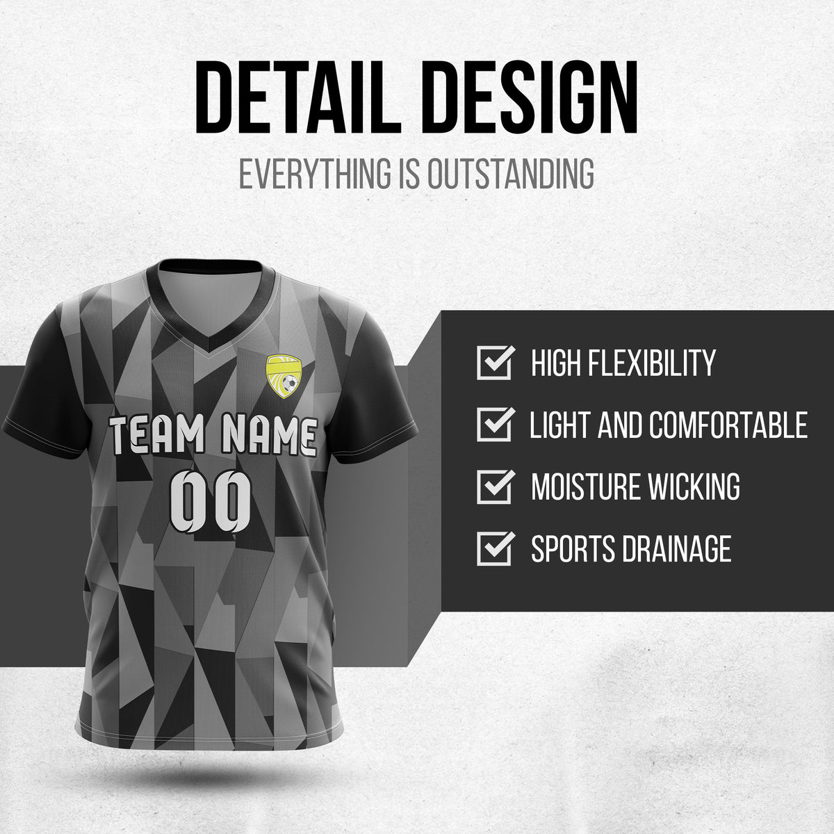 Custom Crystal V-Full Pattern Soccer Black Sport Tops Jersey