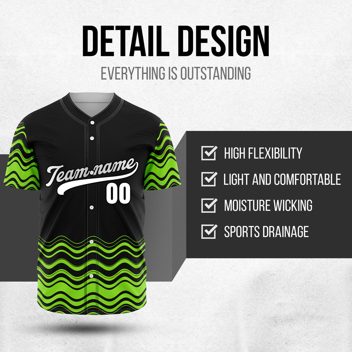 Custom Black Baseball Wave Sports Jersey Personalized Uniform with Name & Number