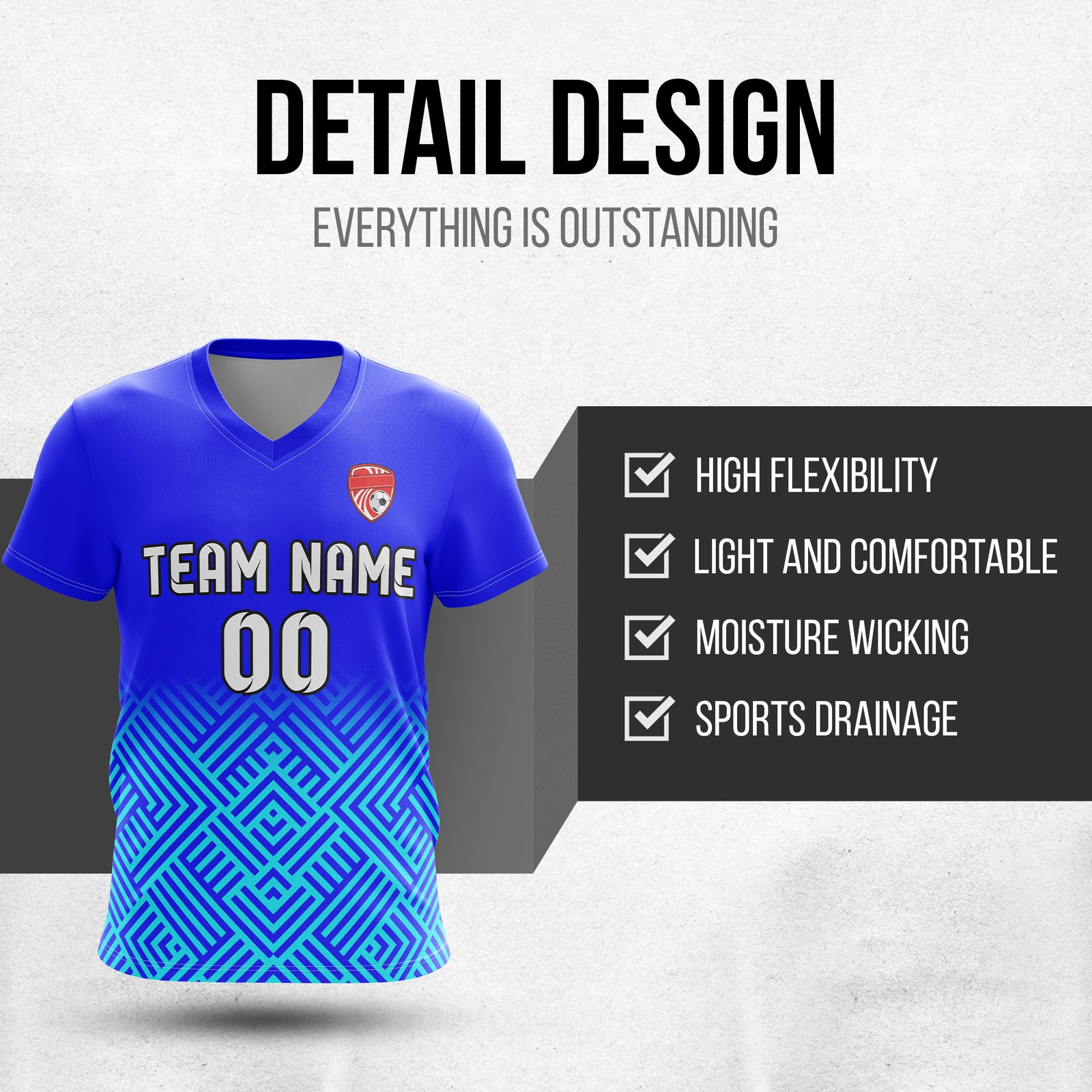 Custom Shadow Line V-Side Pattern Blue Soccer Sport Tops Jersey