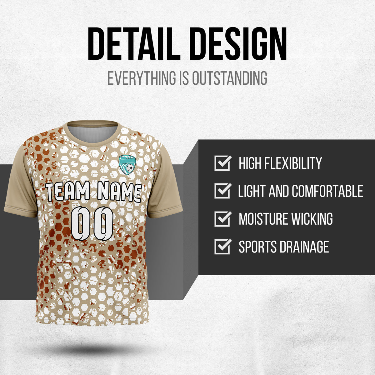 Custom Soccer Khaki Round Neck Hex Pattern Sports Tops Jersey