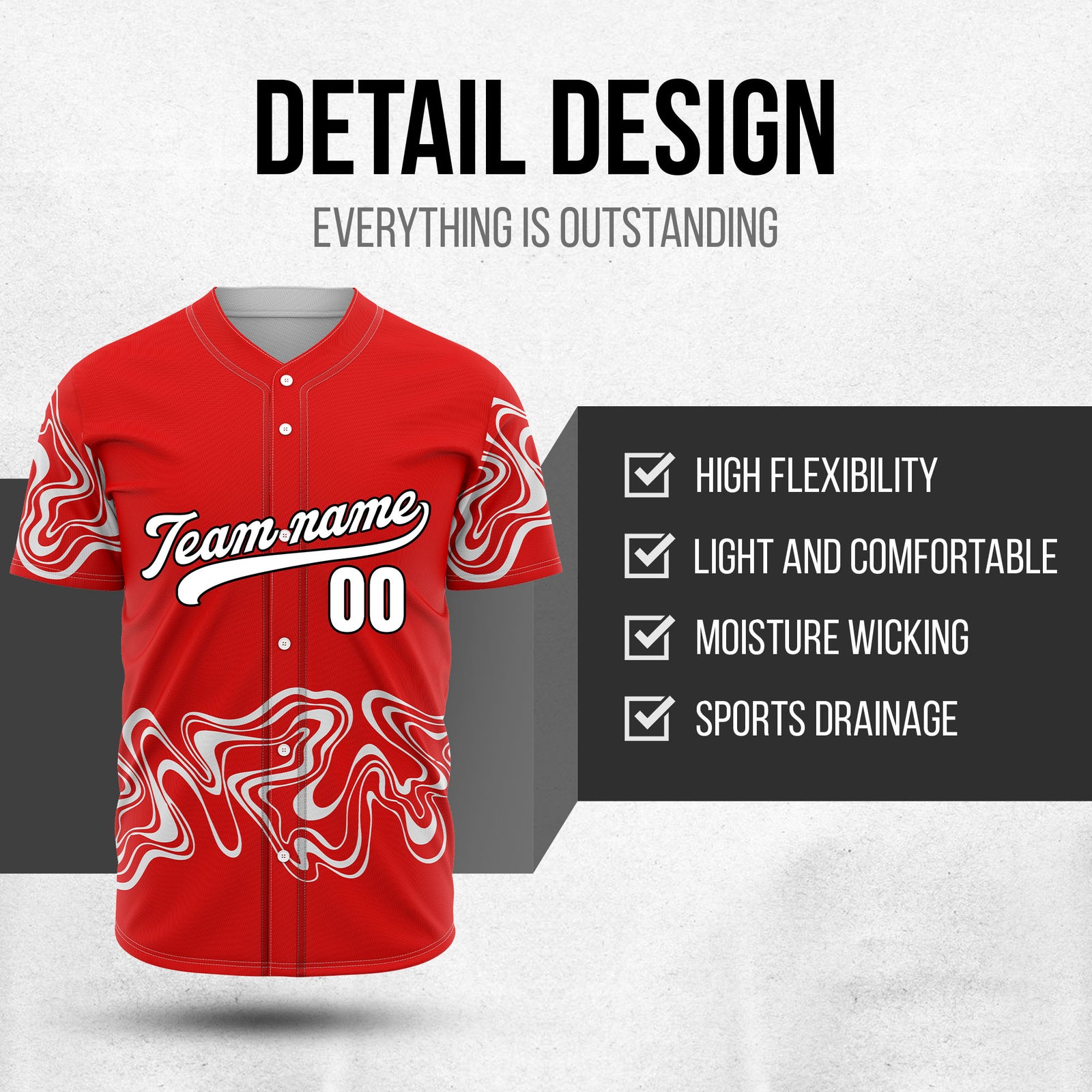 Custom Red Baseball Wave Sports Jersey Personalized Uniform with Name & Number