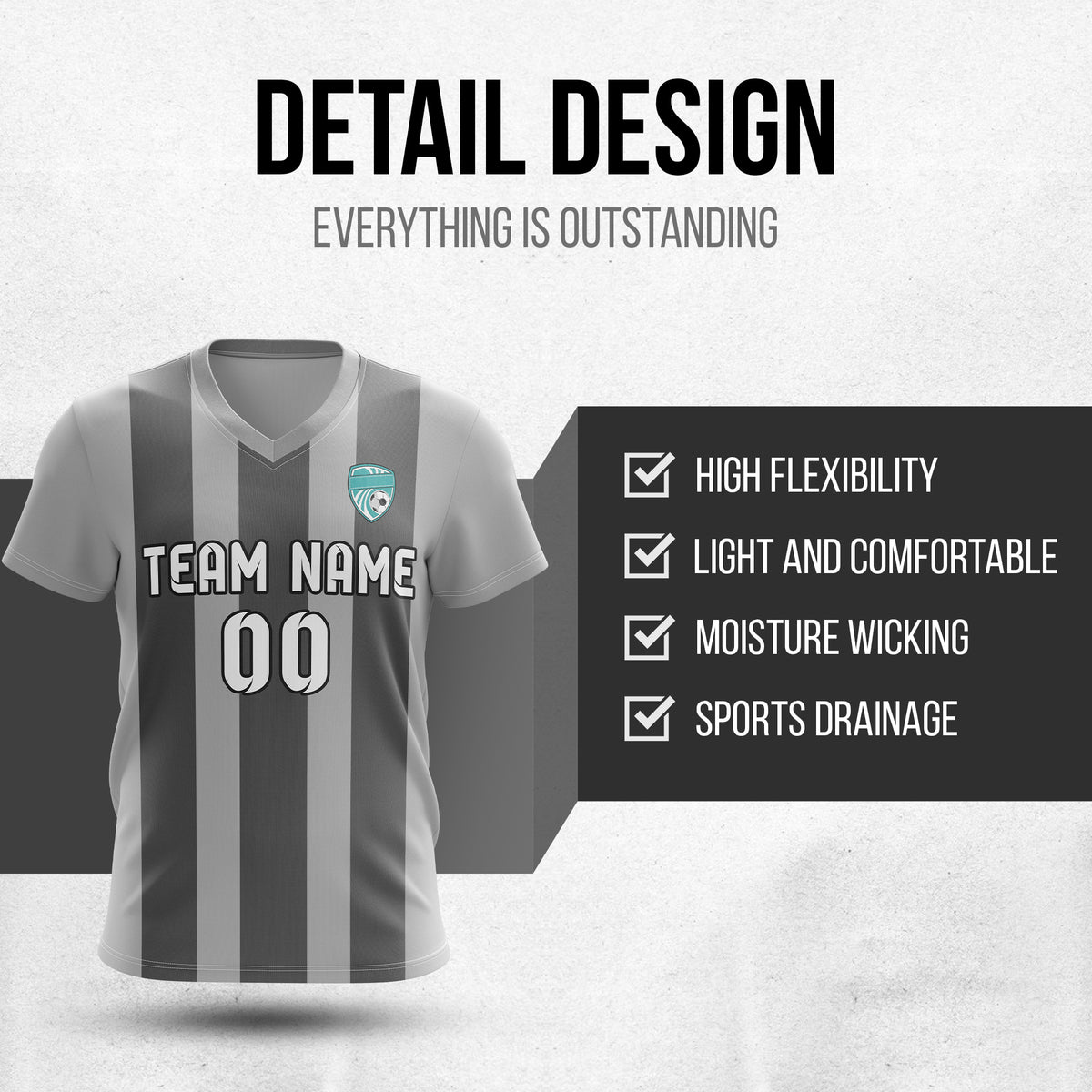 Custom Striker Stripe V-Neck Grey Soccer Sport Tops Jersey