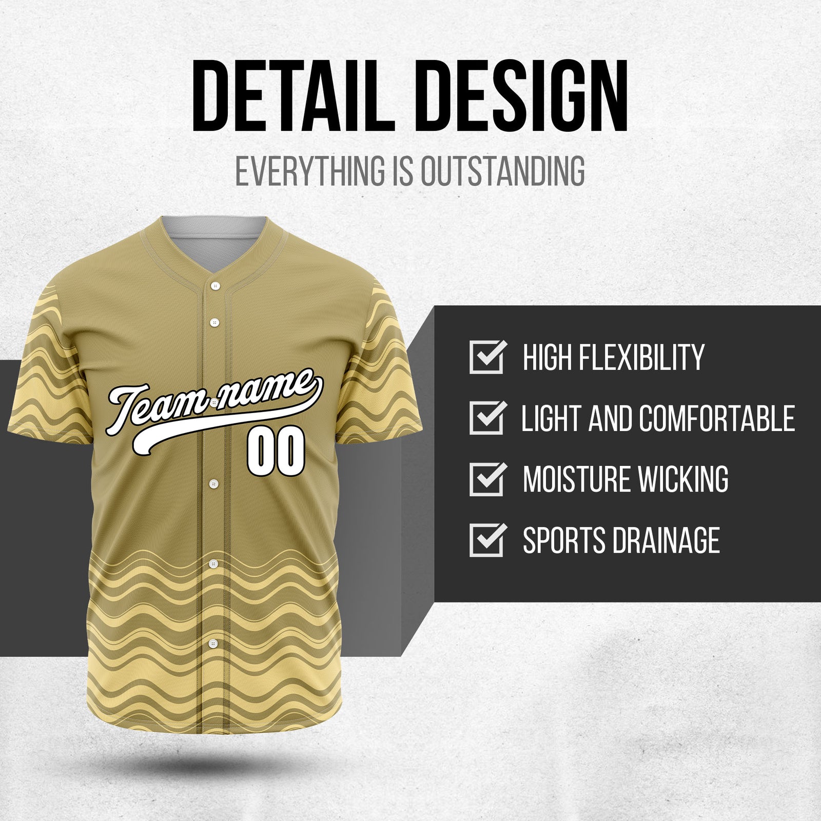 Custom Khaki Baseball Wave Sports Jersey Personalized Uniform with Name & Number