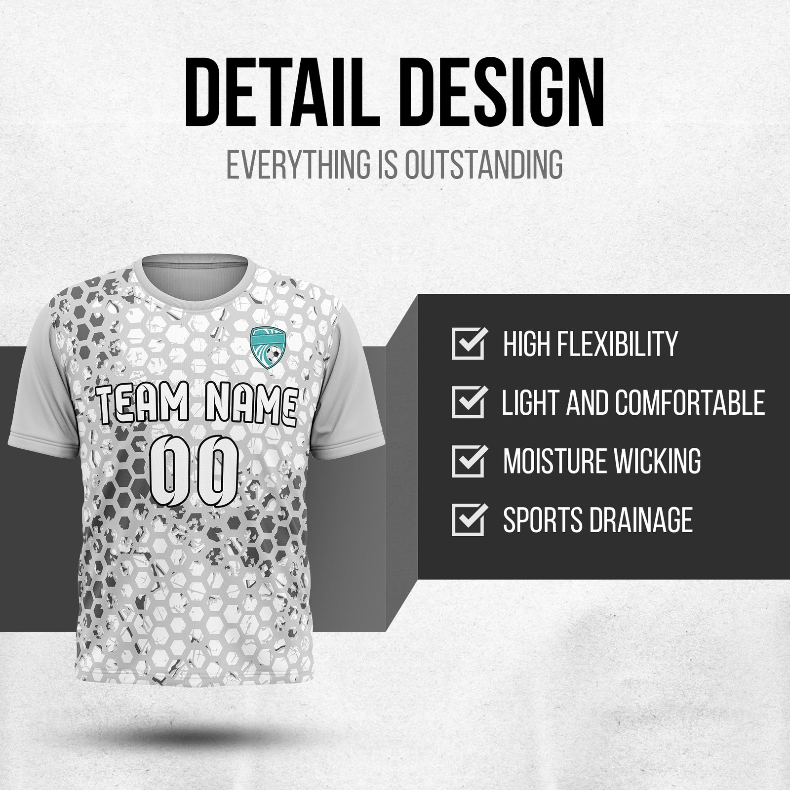 Custom Soccer Grey Round Neck Hex Pattern Sports Tops Jersey