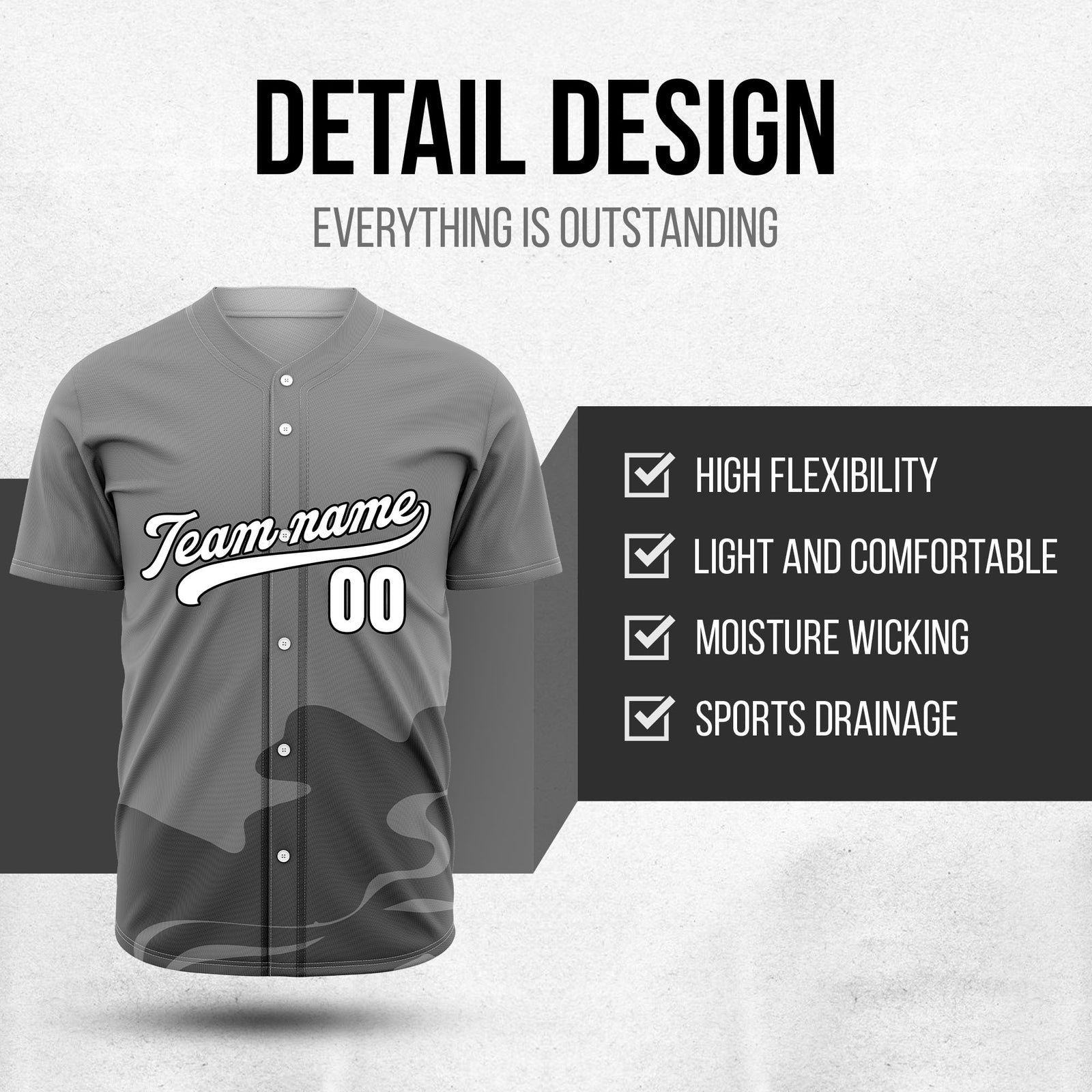 Custom Grey Baseball Wave Sports Jersey Personalized Uniform with Name & Number