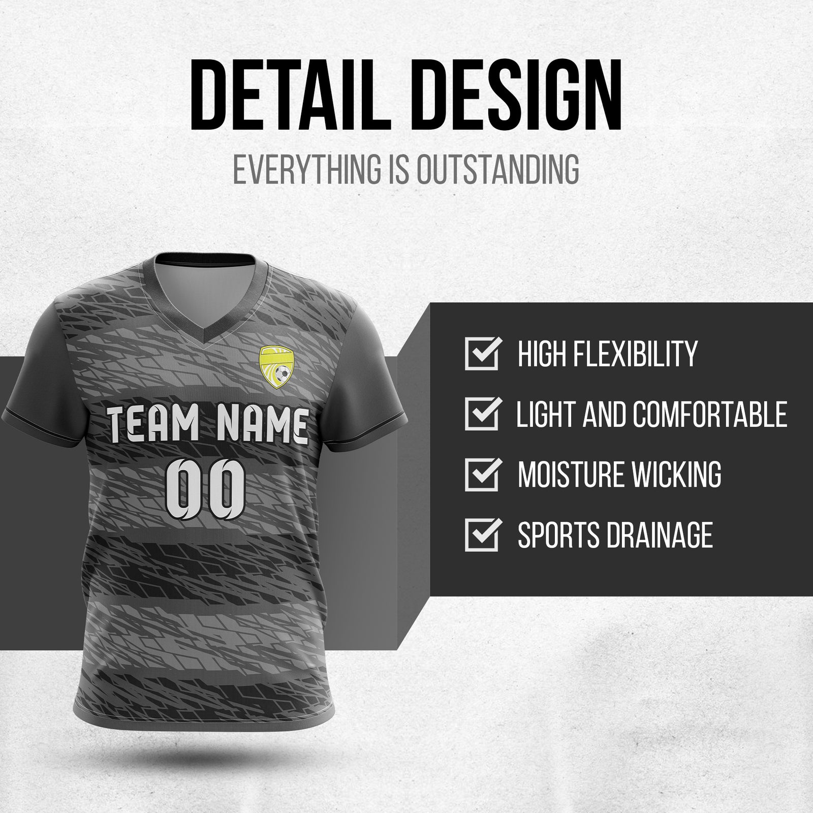 Custom Flare Strike V-Full Pattern Soccer Dark Grey Sport Tops Jersey