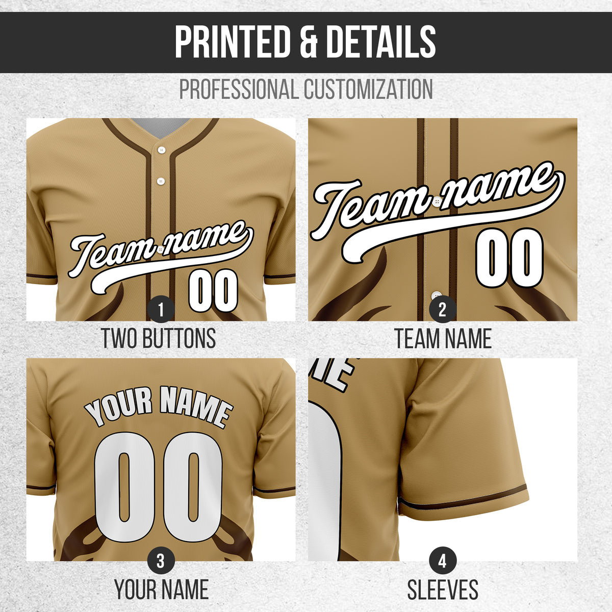 Custom Shadow Flames Khaki Baseball Sports Jersey Personalized Uniform with Name & Number