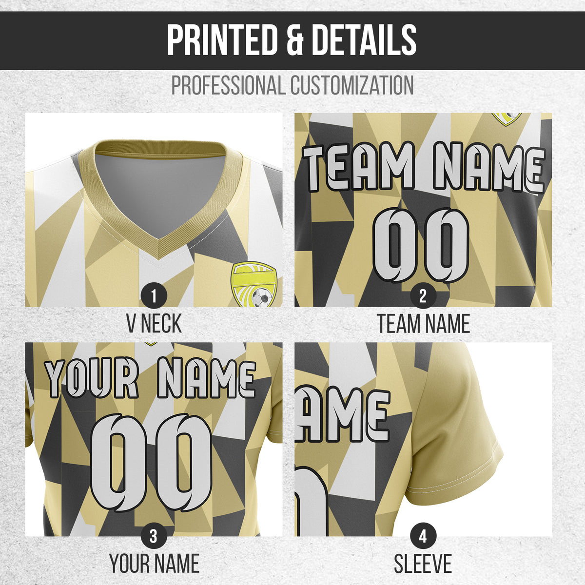 Custom Crystal V-Full Pattern Soccer Khaki Sport Tops Jersey