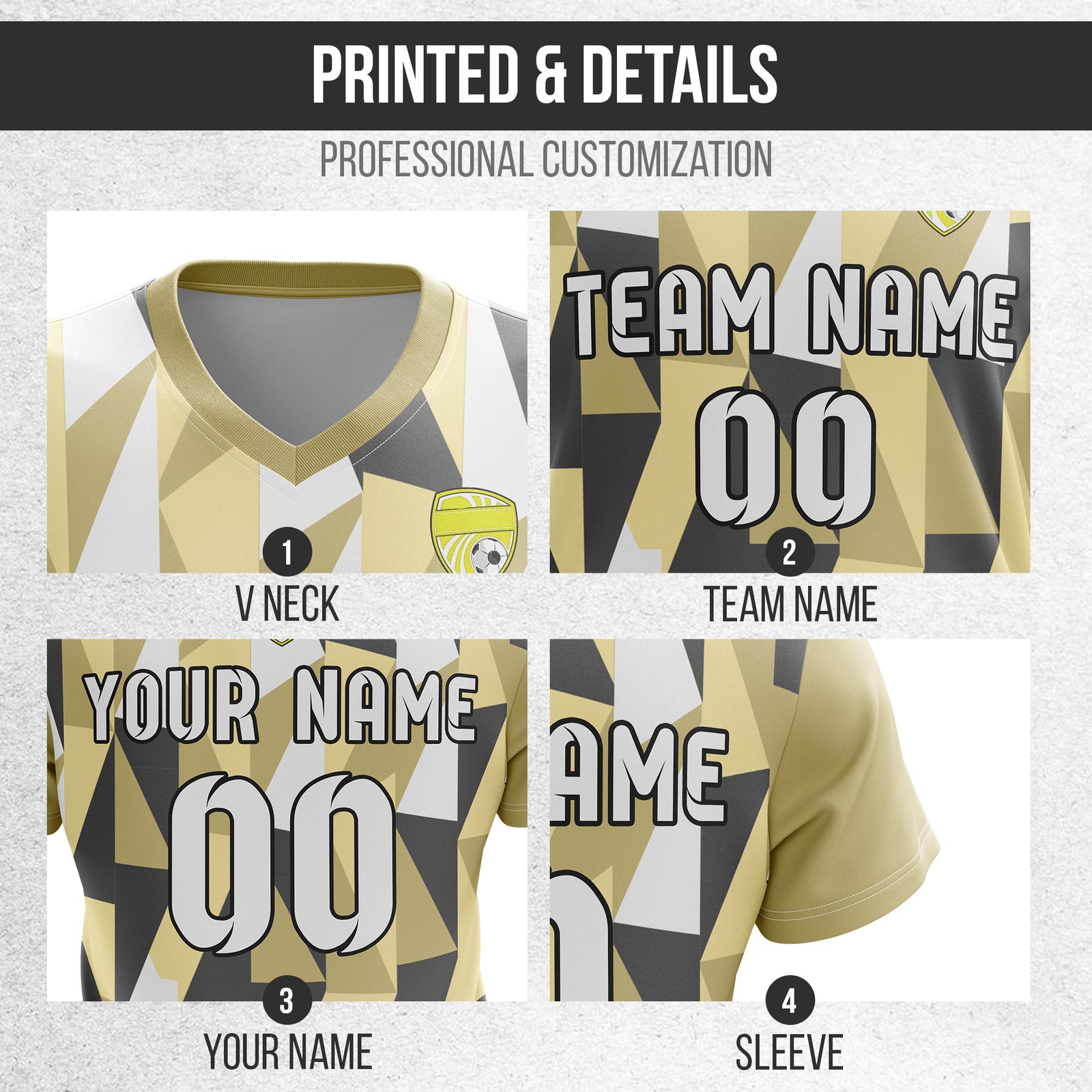 Custom Crystal V-Full Pattern Soccer Khaki Sport Tops Jersey