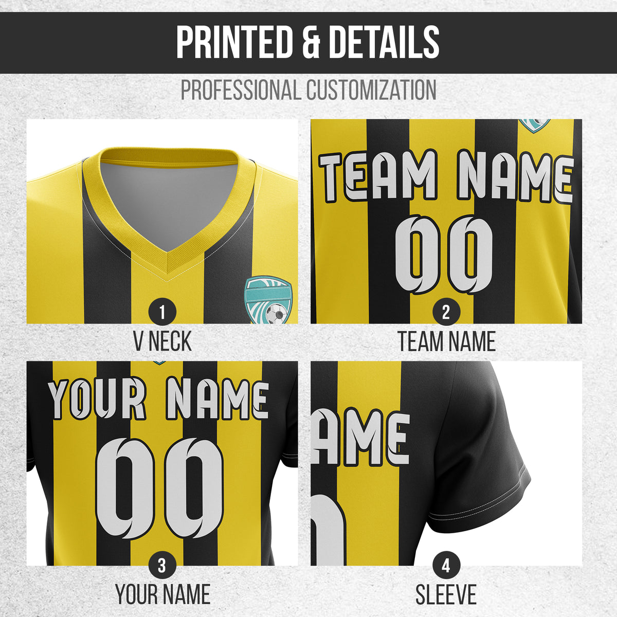 Custom Striker Stripe V-Neck Yellow Soccer Sport Tops Jersey
