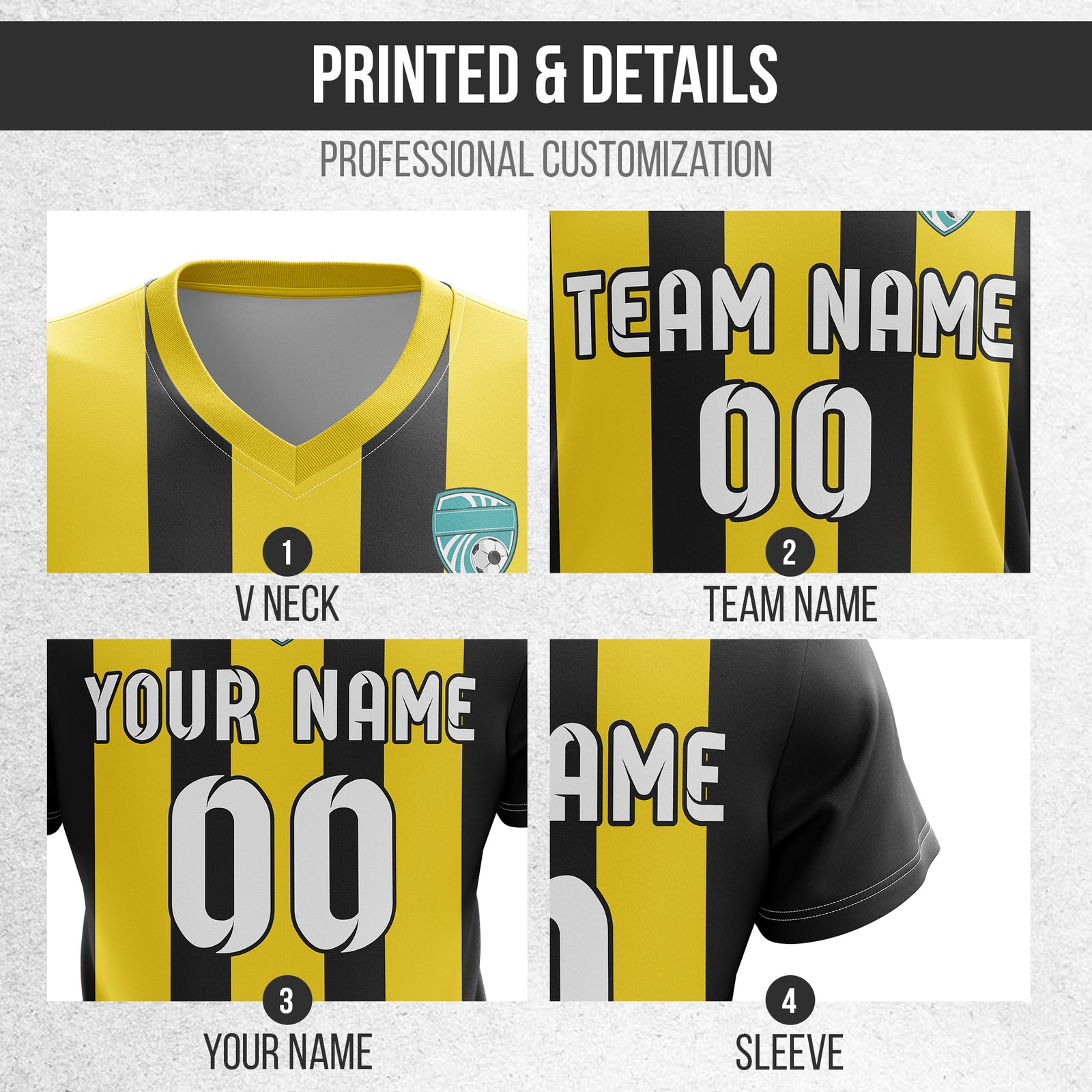 Custom Striker Stripe V-Neck Yellow Soccer Sport Tops Jersey