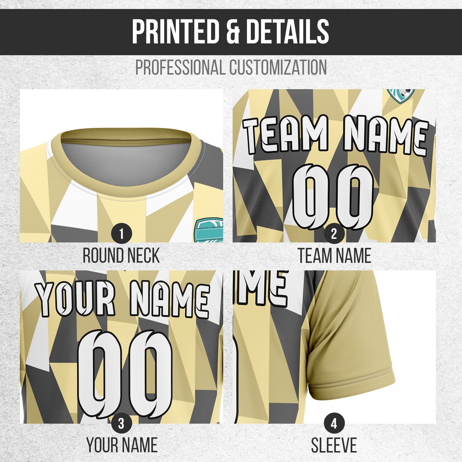 Custom Crystal R-Full Pattern Soccer Khaki Sport Tops Jersey