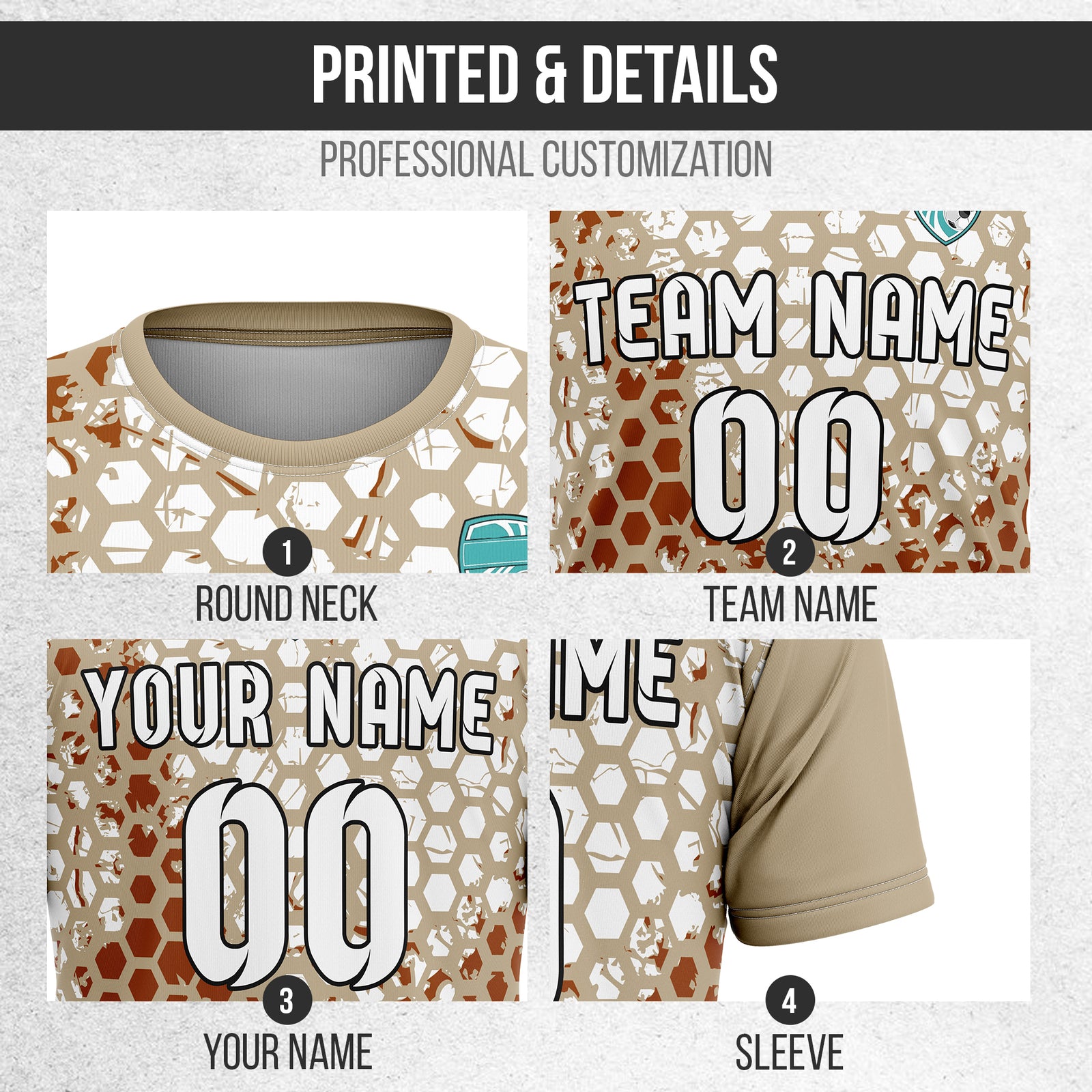 Custom Soccer Khaki Round Neck Hex Pattern Sports Tops Jersey