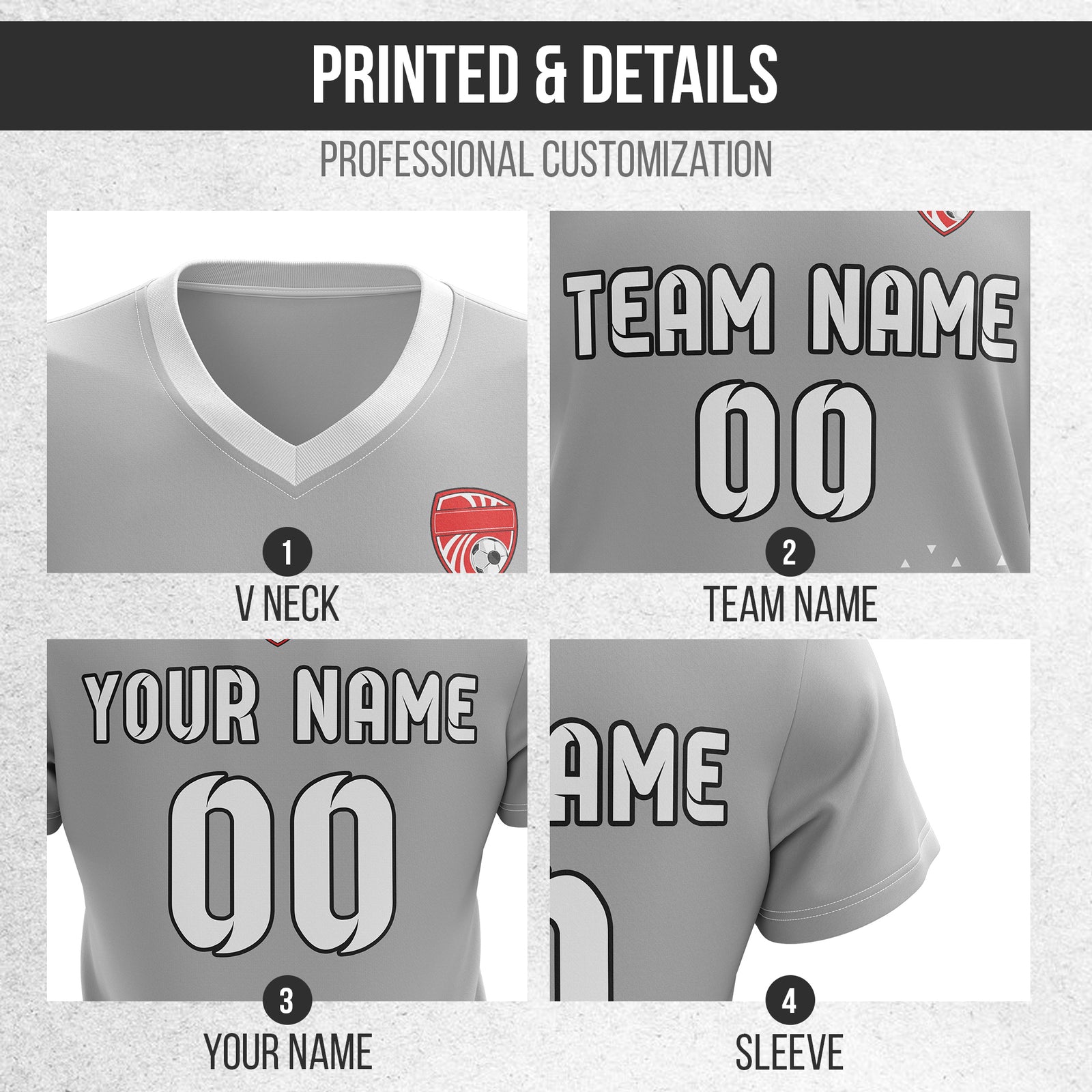 Custom Tri-Edge V-Side Pattern Grey Soccer sport Tops Jersey