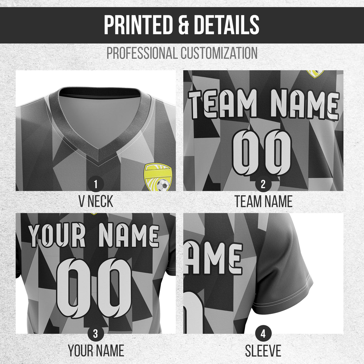 Custom Crystal V-Full Pattern Soccer Dark Grey Sport Tops Jersey