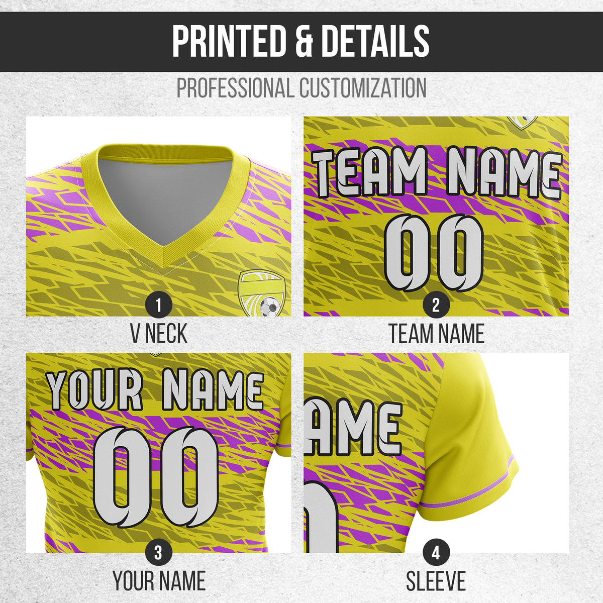 Custom Flare Strike V-Full Pattern Soccer Yellow Sport Tops Jersey