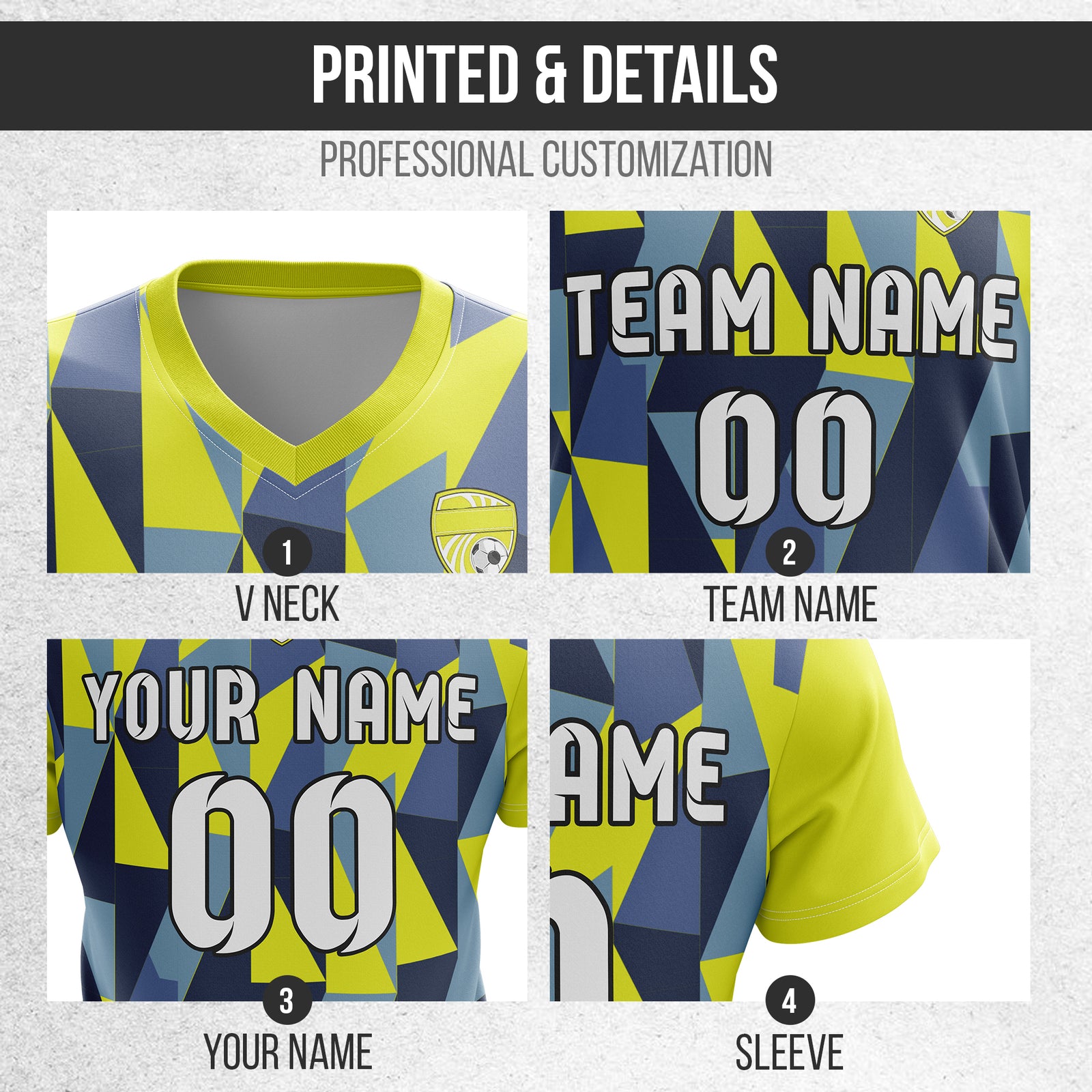 Custom Crystal V-Full Pattern Soccer Yellow Sport Tops Jersey