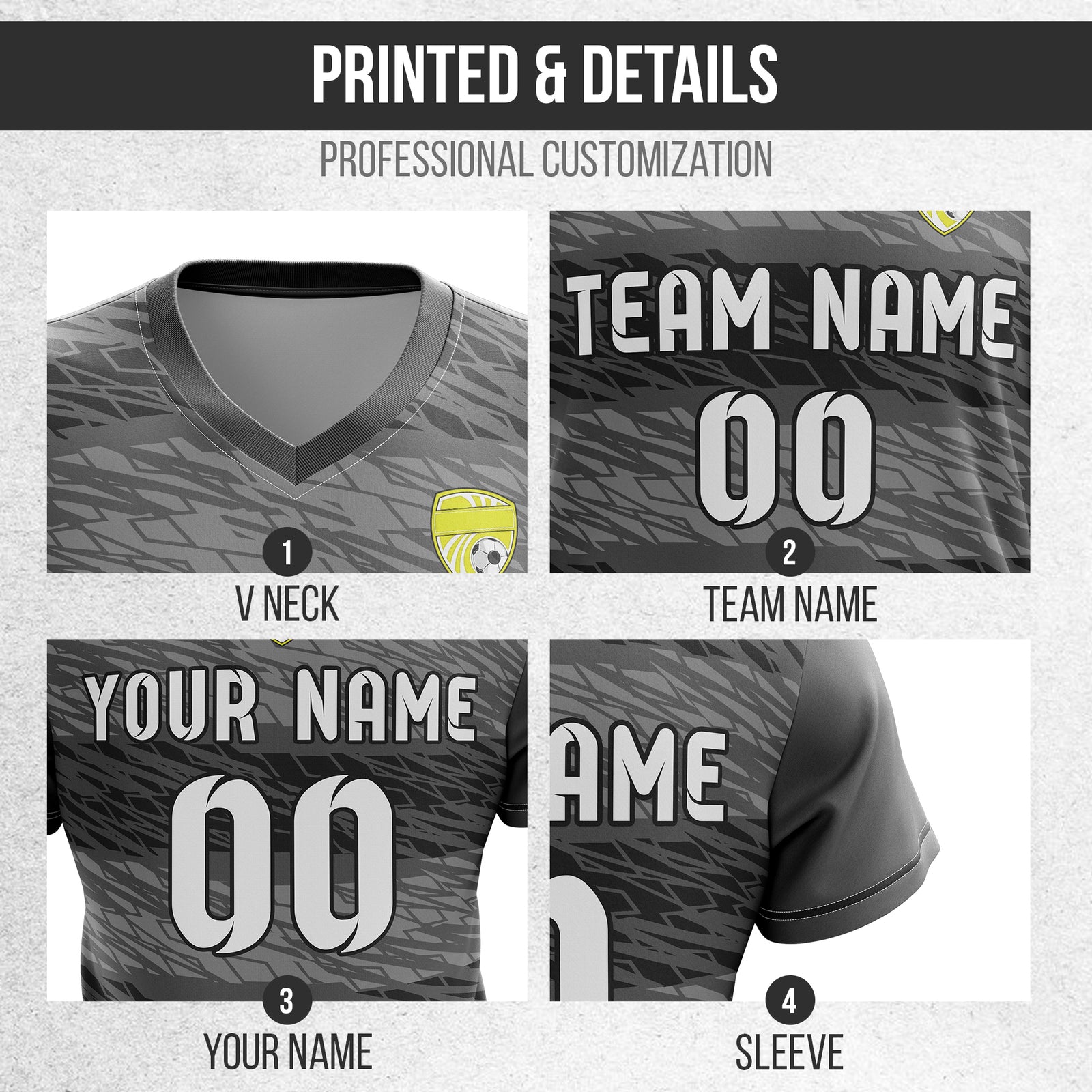 Custom Flare Strike V-Full Pattern Soccer Dark Grey Sport Tops Jersey