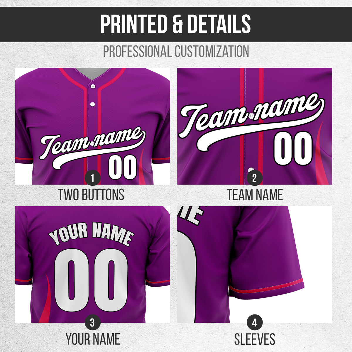 Custom Fire Pulse Purple Baseball Sports Jersey Personalized Uniform with Name & Number