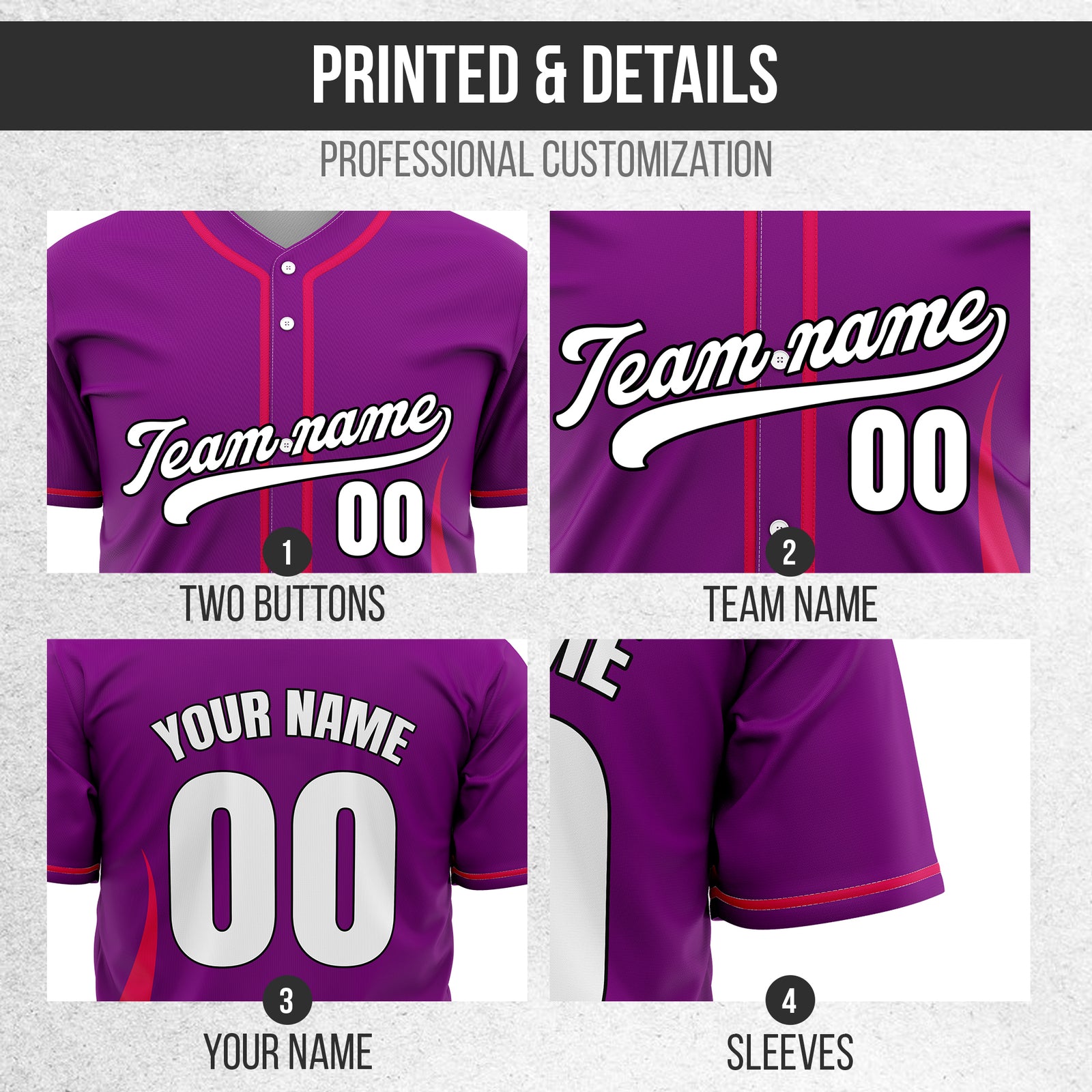 Custom Fire Pulse Purple Baseball Sports Jersey Personalized Uniform with Name & Number