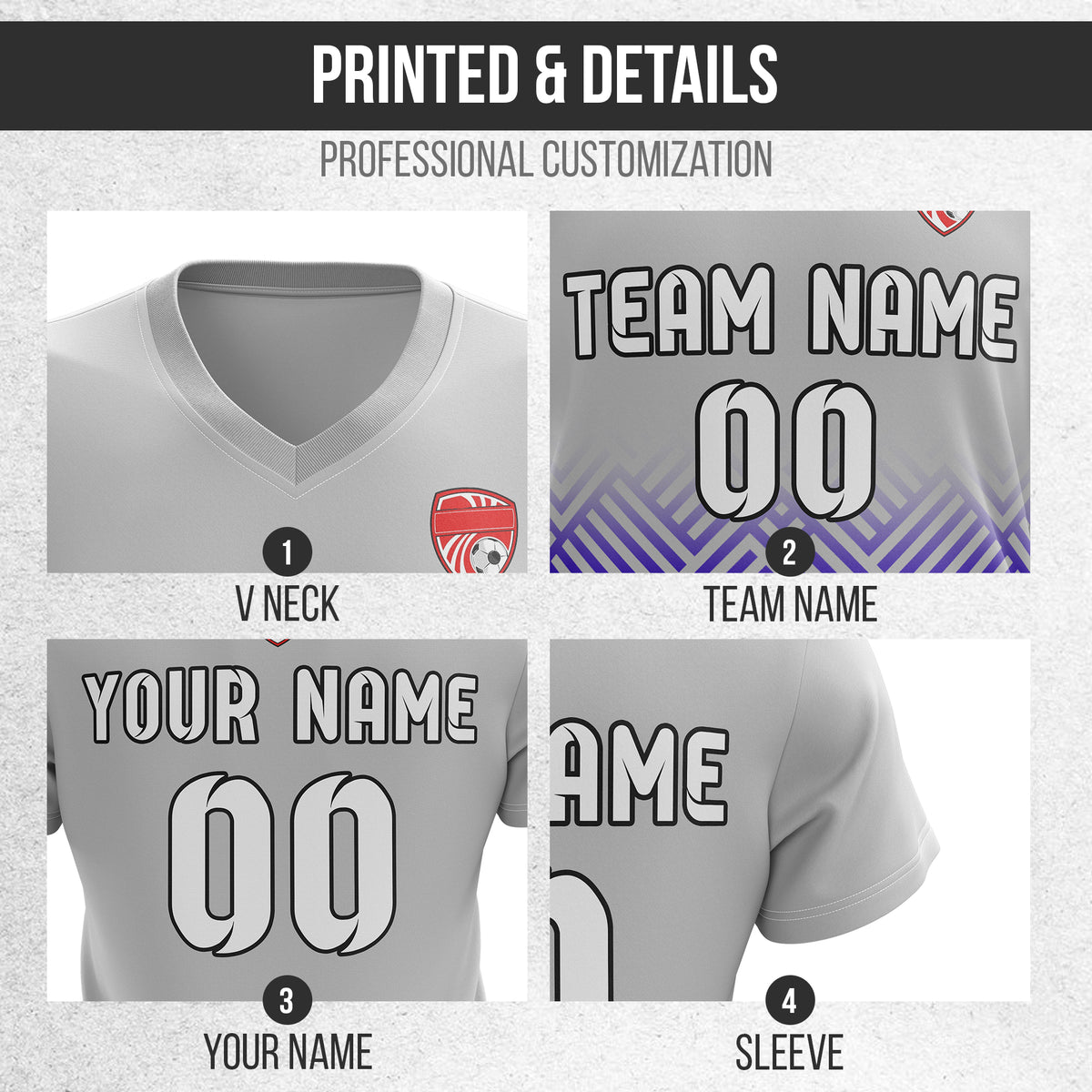 Custom Shadow Line V-Side Pattern Grey Soccer Sport Tops Jersey
