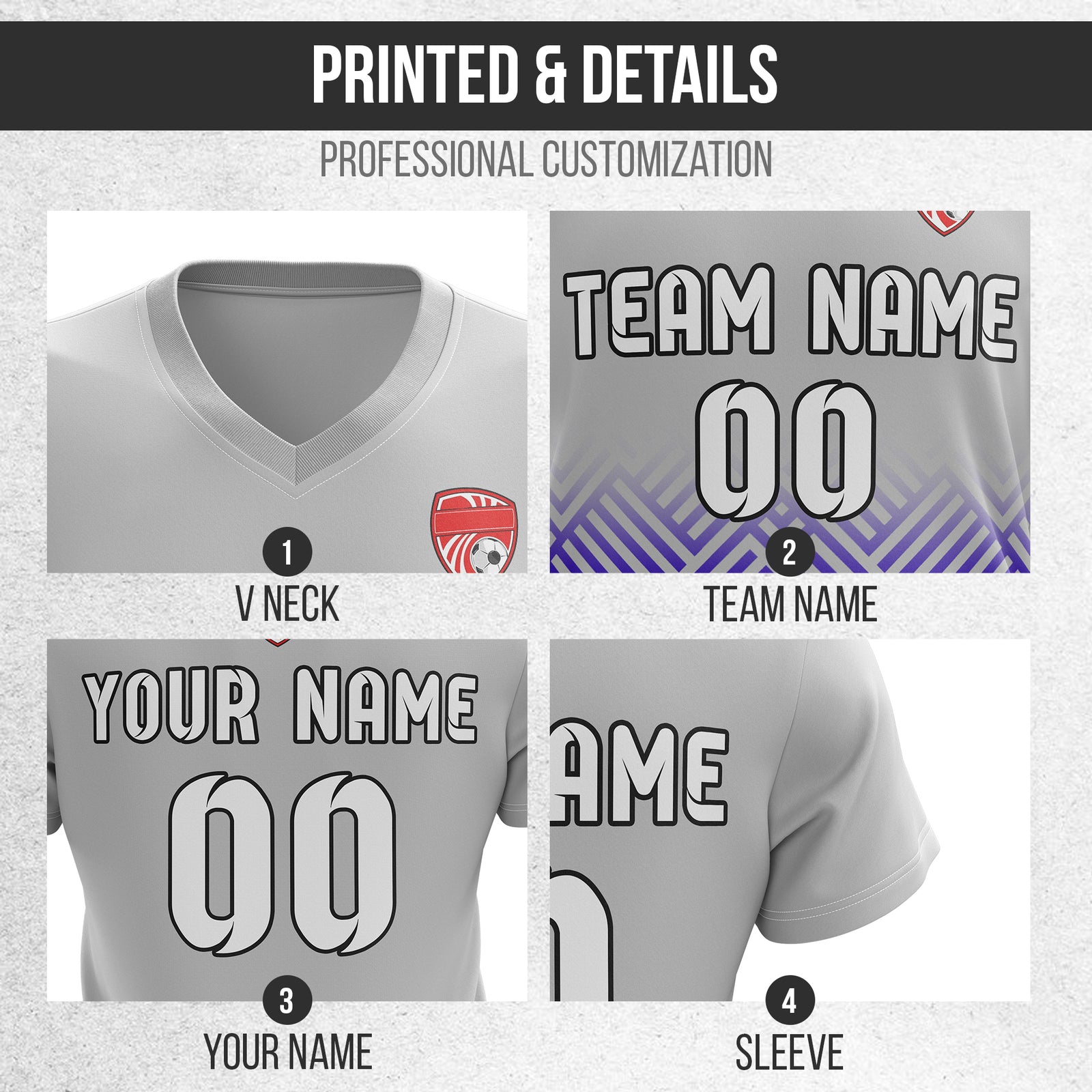 Custom Shadow Line V-Side Pattern Grey Soccer Sport Tops Jersey