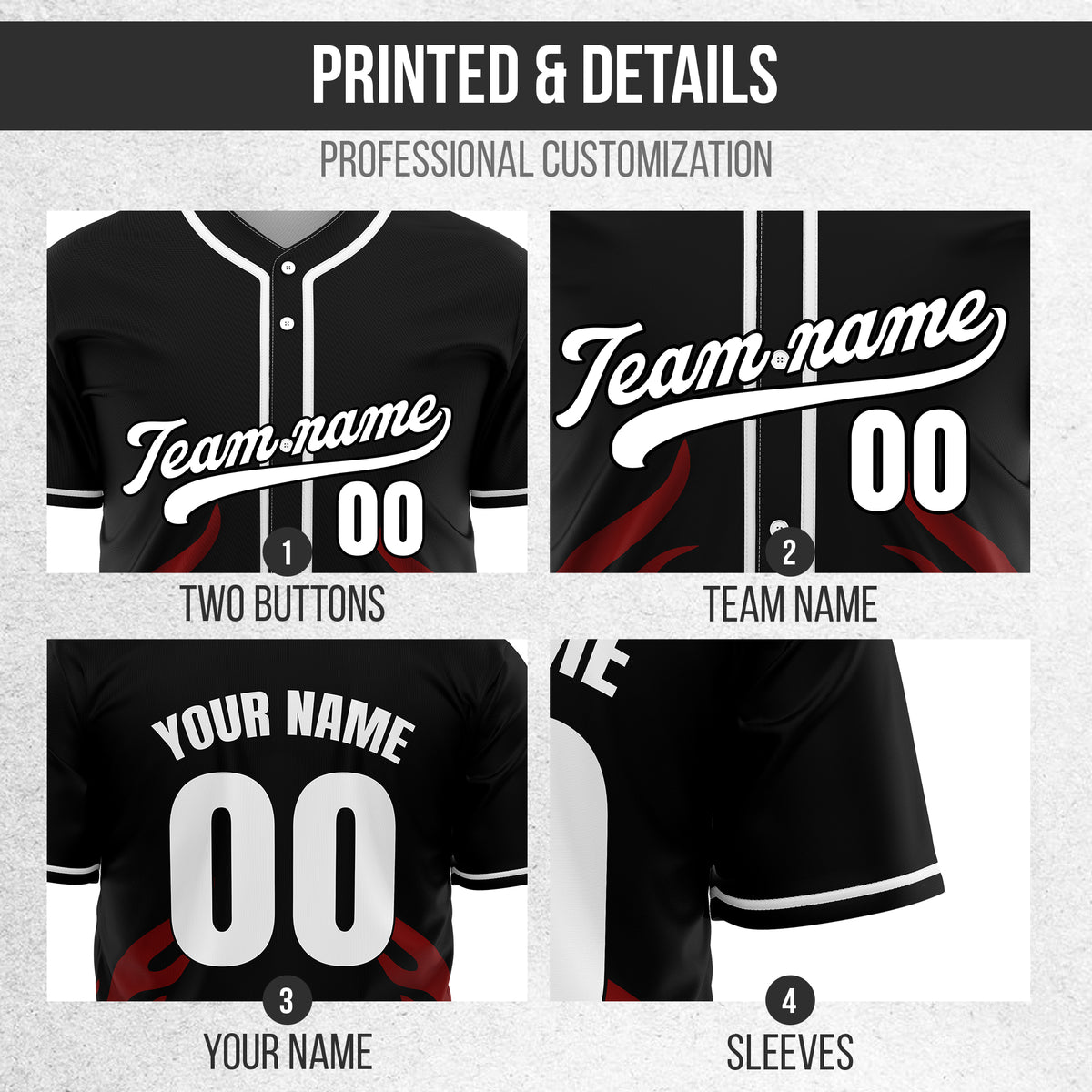 Custom Shadow Flames Black Baseball Sports Jersey Personalized Uniform with Name & Number