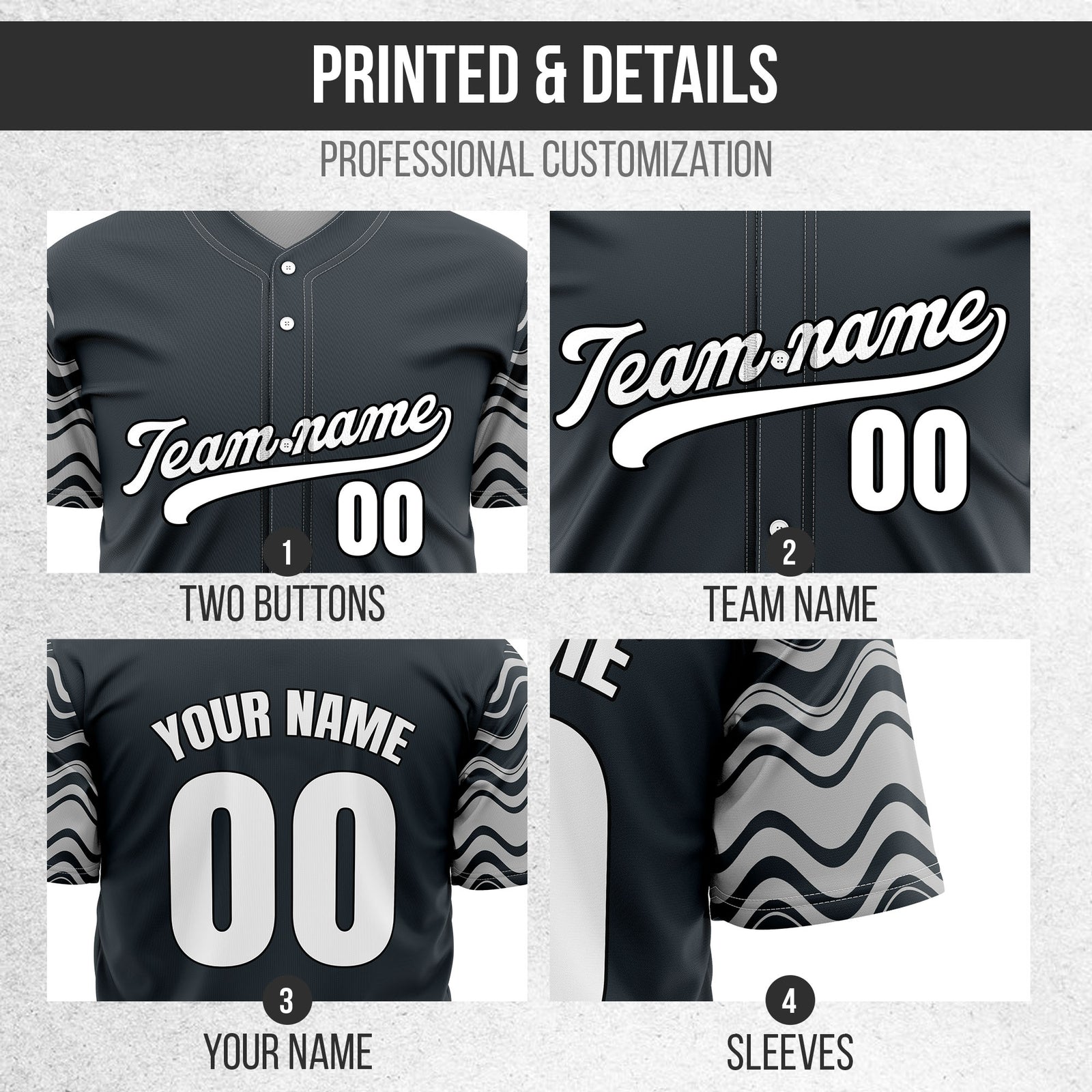 Custom Grey Baseball Wave Sports Jersey Personalized Uniform with Name & Number