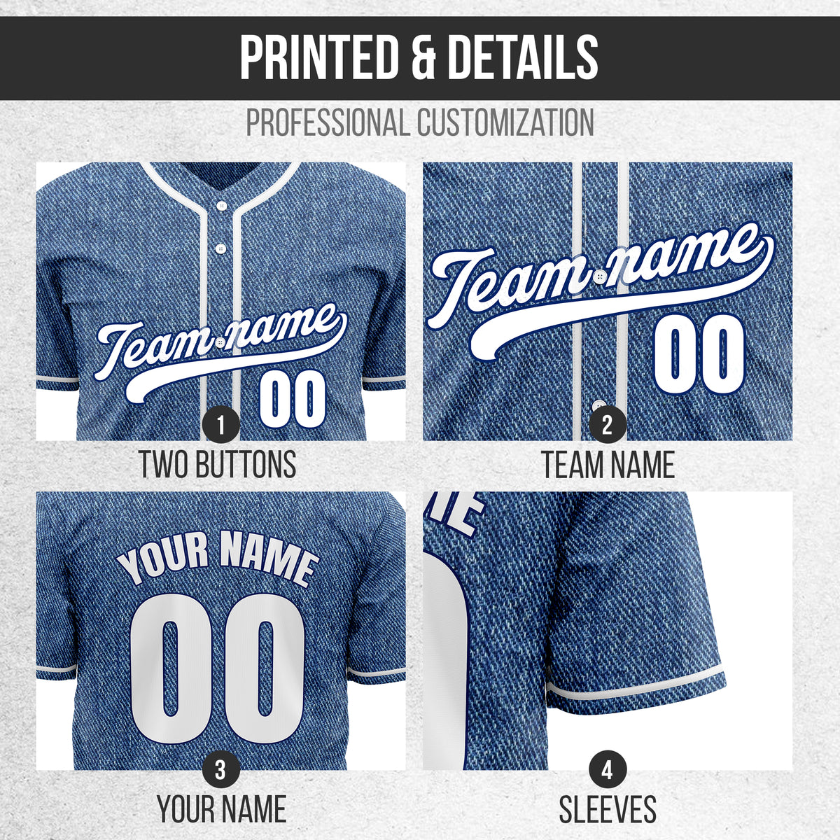 Custom Heritage Denim Baseball Sports Jersey Personalized Uniform with Name & Number
