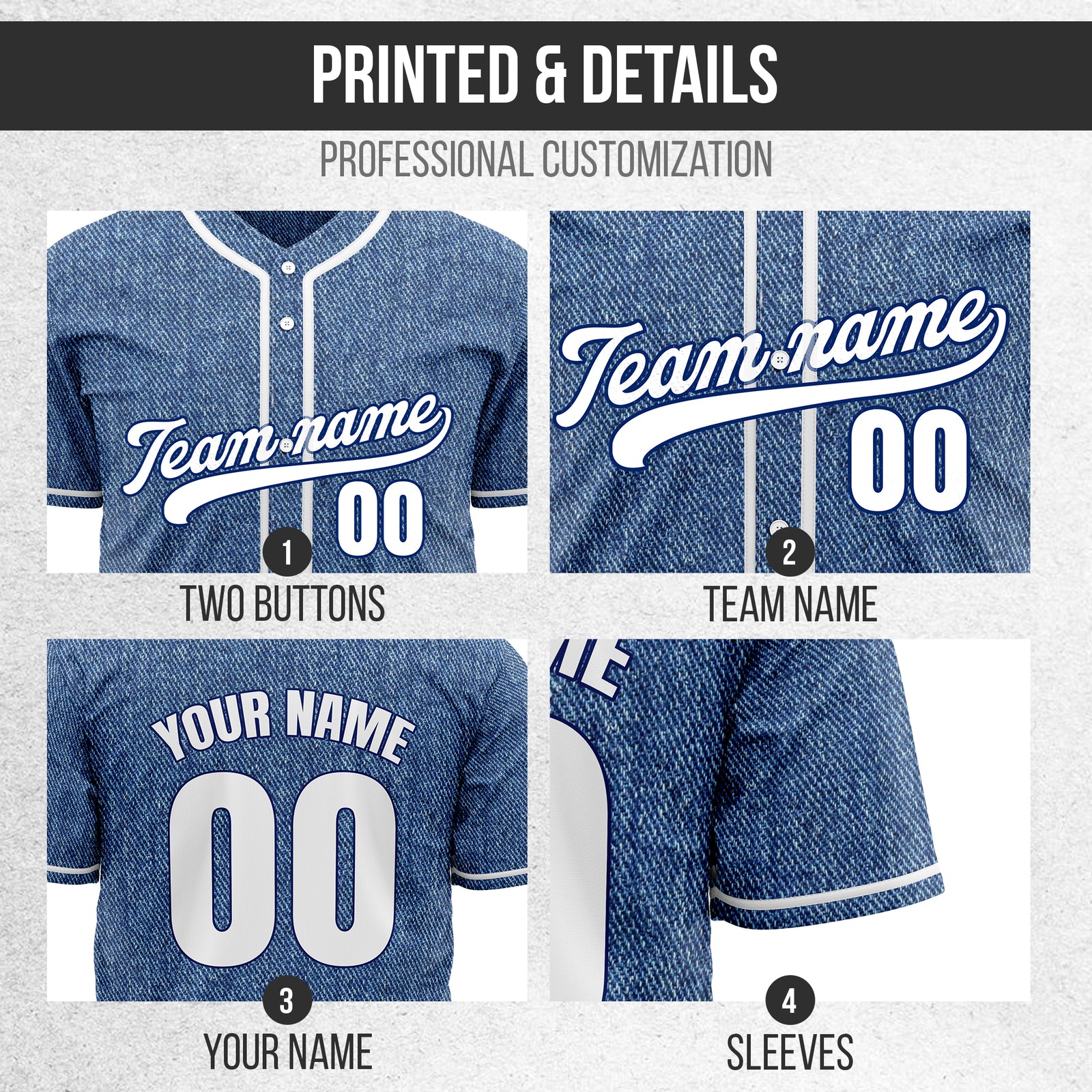 Custom Heritage Denim Baseball Sports Jersey Personalized Uniform with Name & Number