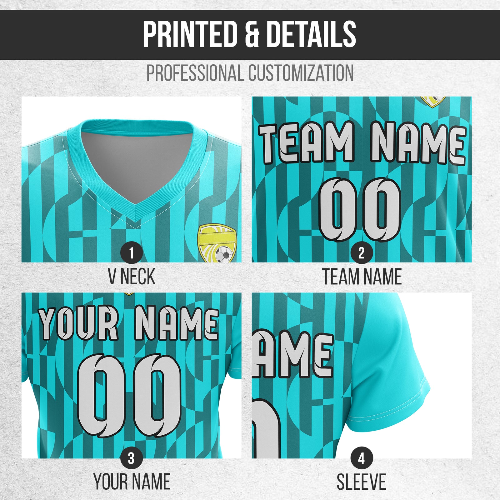 Custom Pulse Grid V-Full Pattern Soccer Aqua Sport Tops Jersey