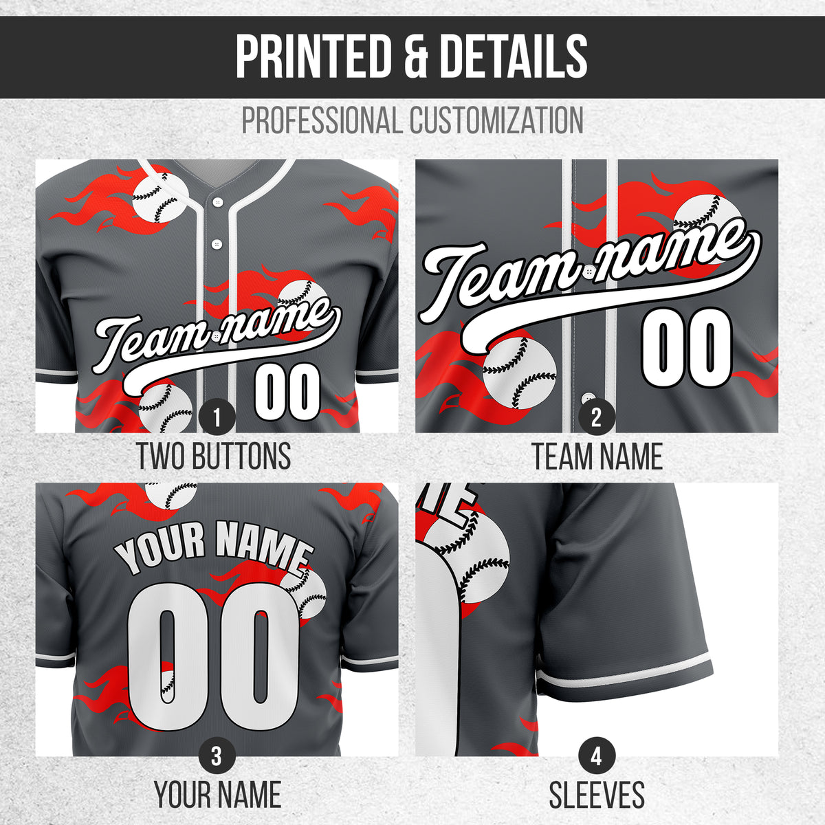 Custom Fireballers Dark Grey Baseball Sports Jersey Personalized Uniform with Name & Number