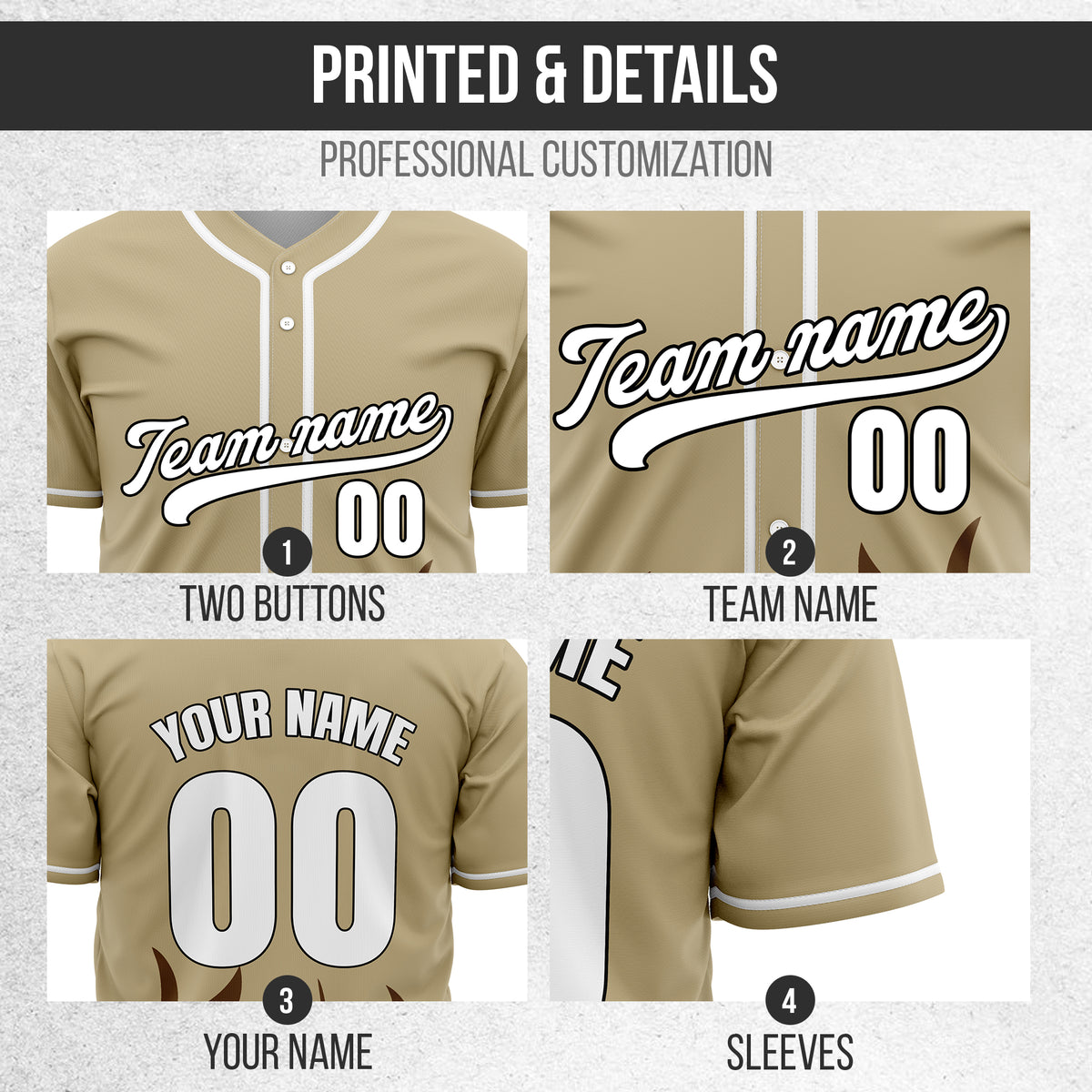 Custom Burnout Khaki Baseball Sports Jersey Personalized Uniform with Name & Number