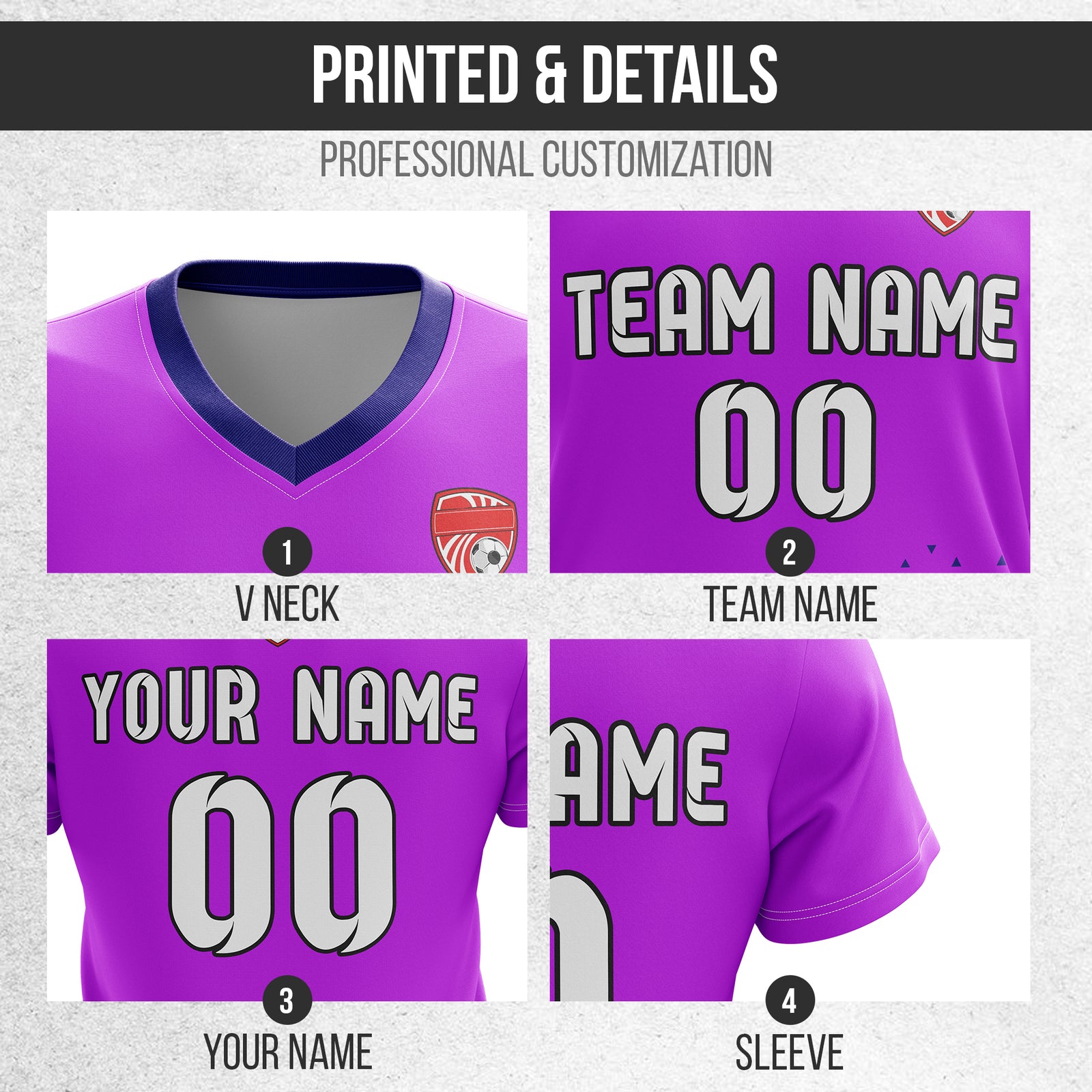 Custom Tri-Edge V-Side Pattern Purple Soccer Sport Tops Jersey
