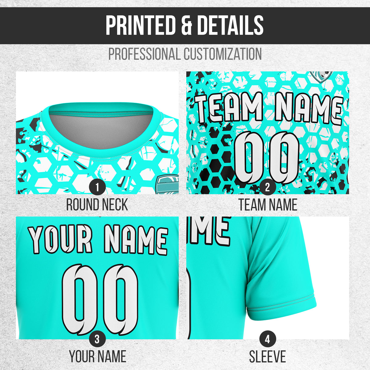 Custom Soccer Aqua Round Neck Hex Pattern Sports Tops Jersey