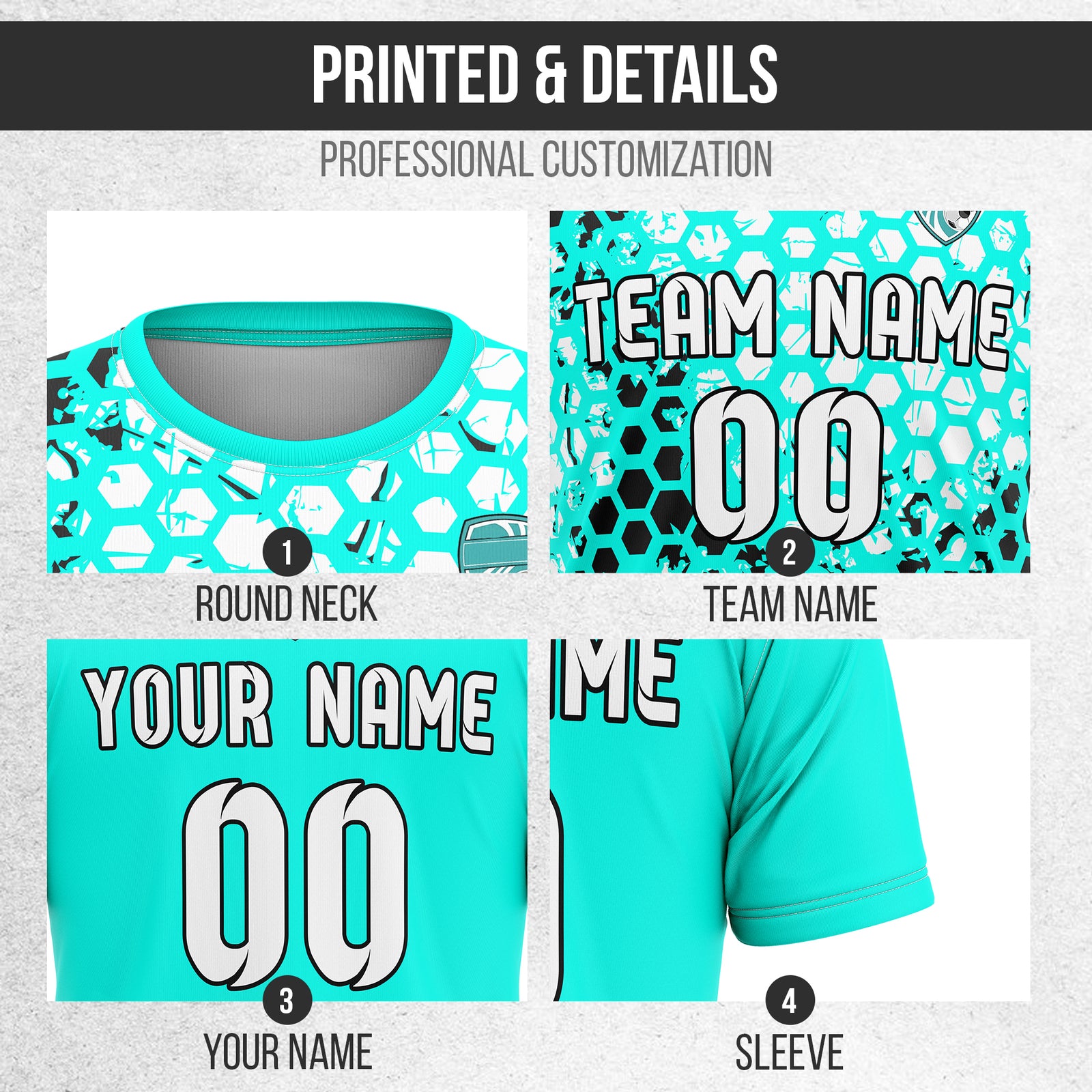 Custom Soccer Aqua Round Neck Hex Pattern Sports Tops Jersey