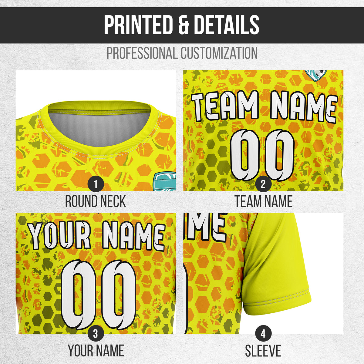 Custom Soccer Yellow Round Neck Hex Pattern Sports Tops Jersey