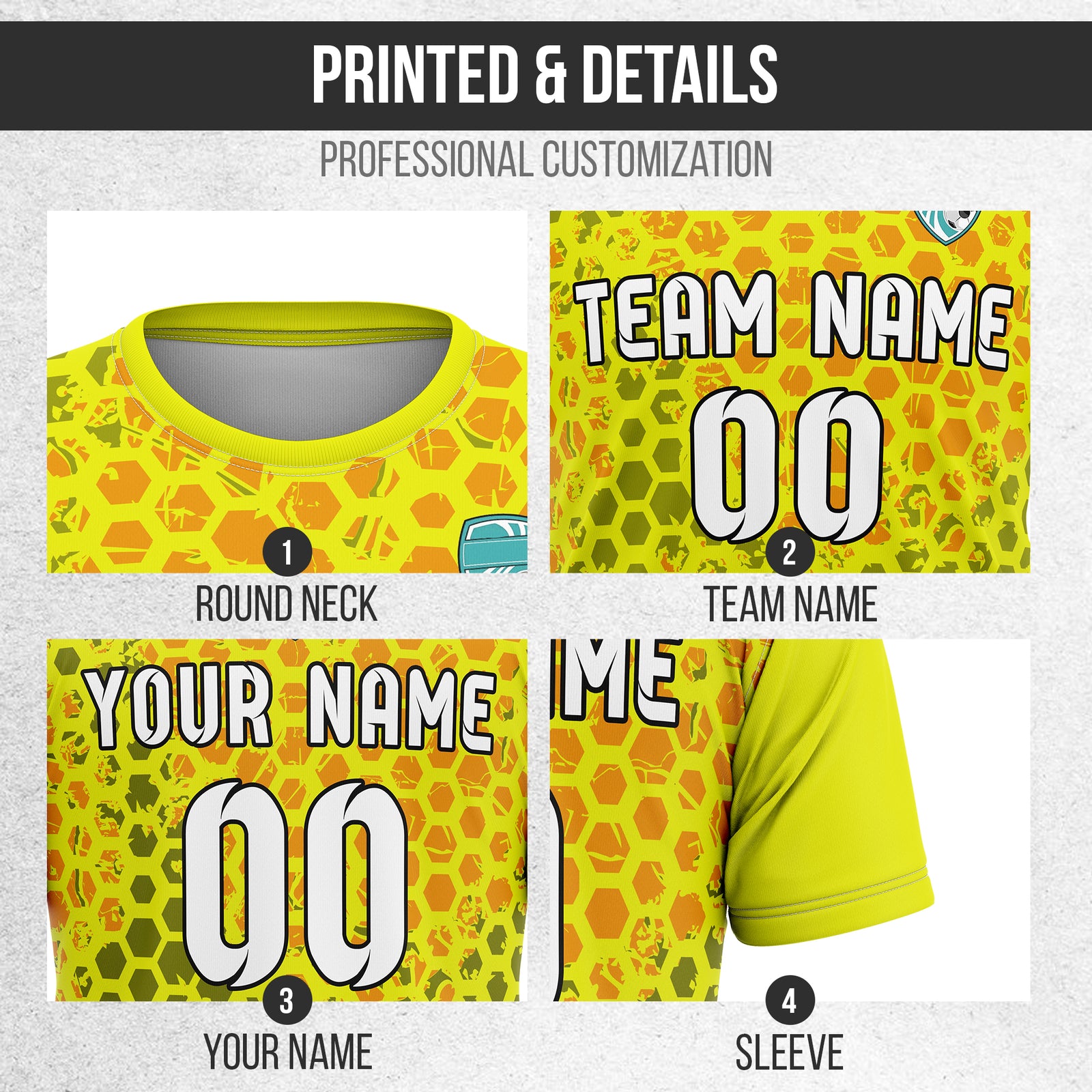 Custom Soccer Yellow Round Neck Hex Pattern Sports Tops Jersey