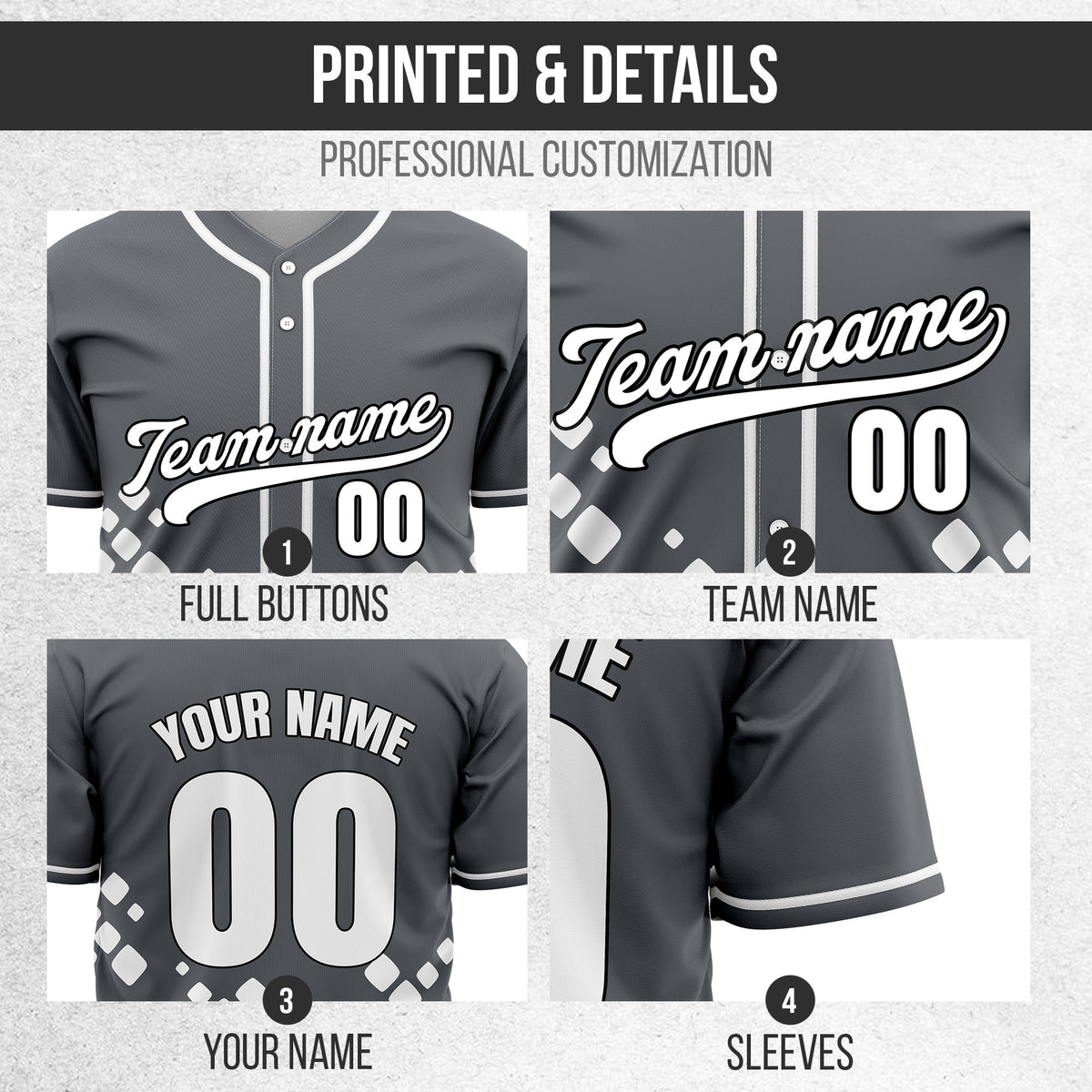 Custom Shadow Spark Dark Grey Baseball Sports Jersey Personalized Uniform with Name & Number