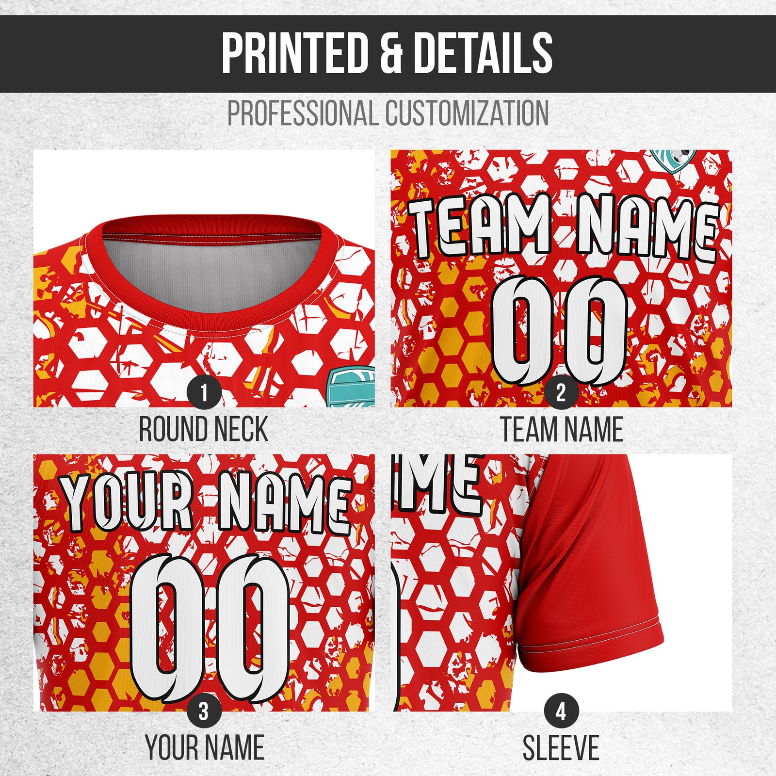 Custom Soccer Red Round Neck Hex Pattern Sports Tops Jersey