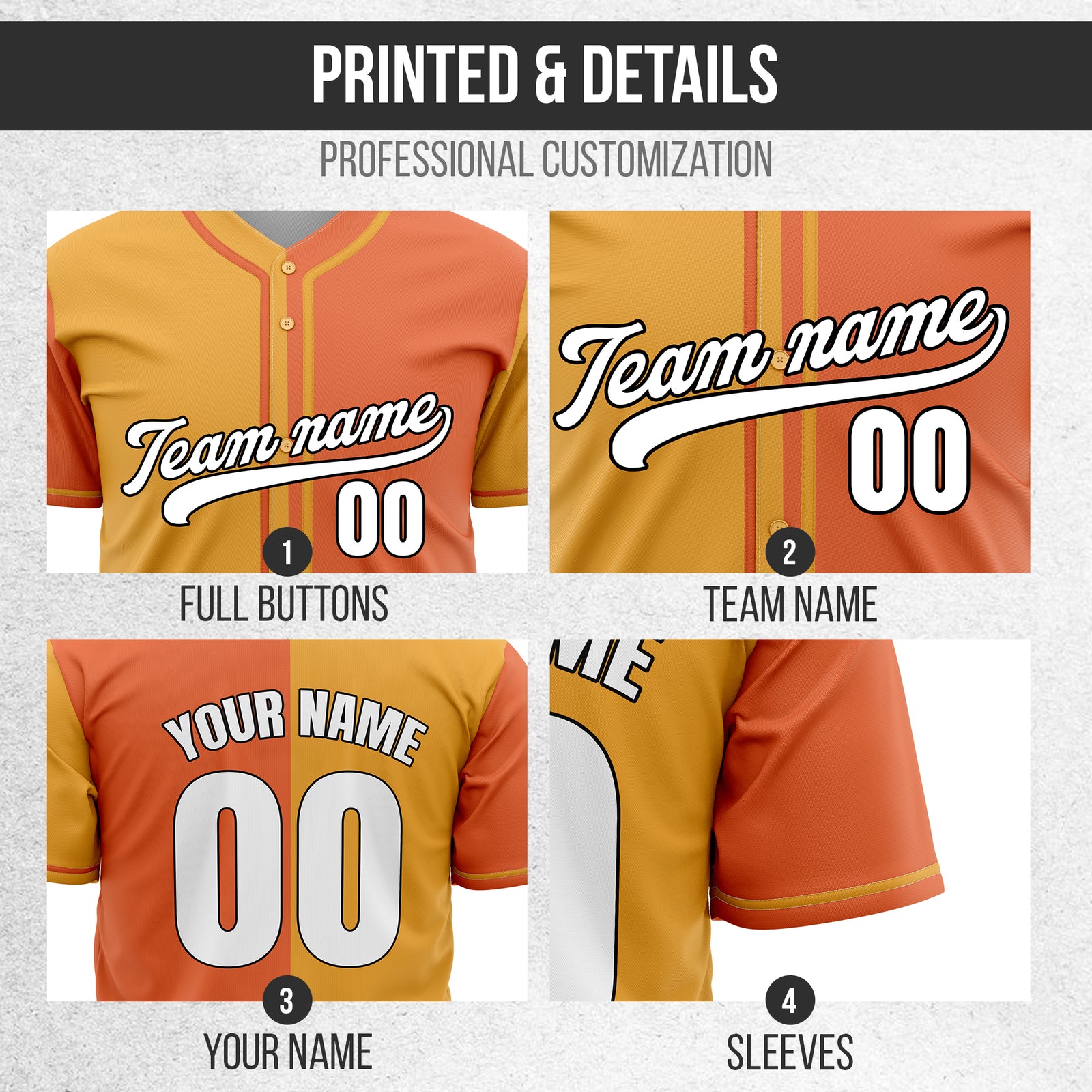 Custom Split Baseball Orange Sports Jersey Personalized Uniform with Name & Number