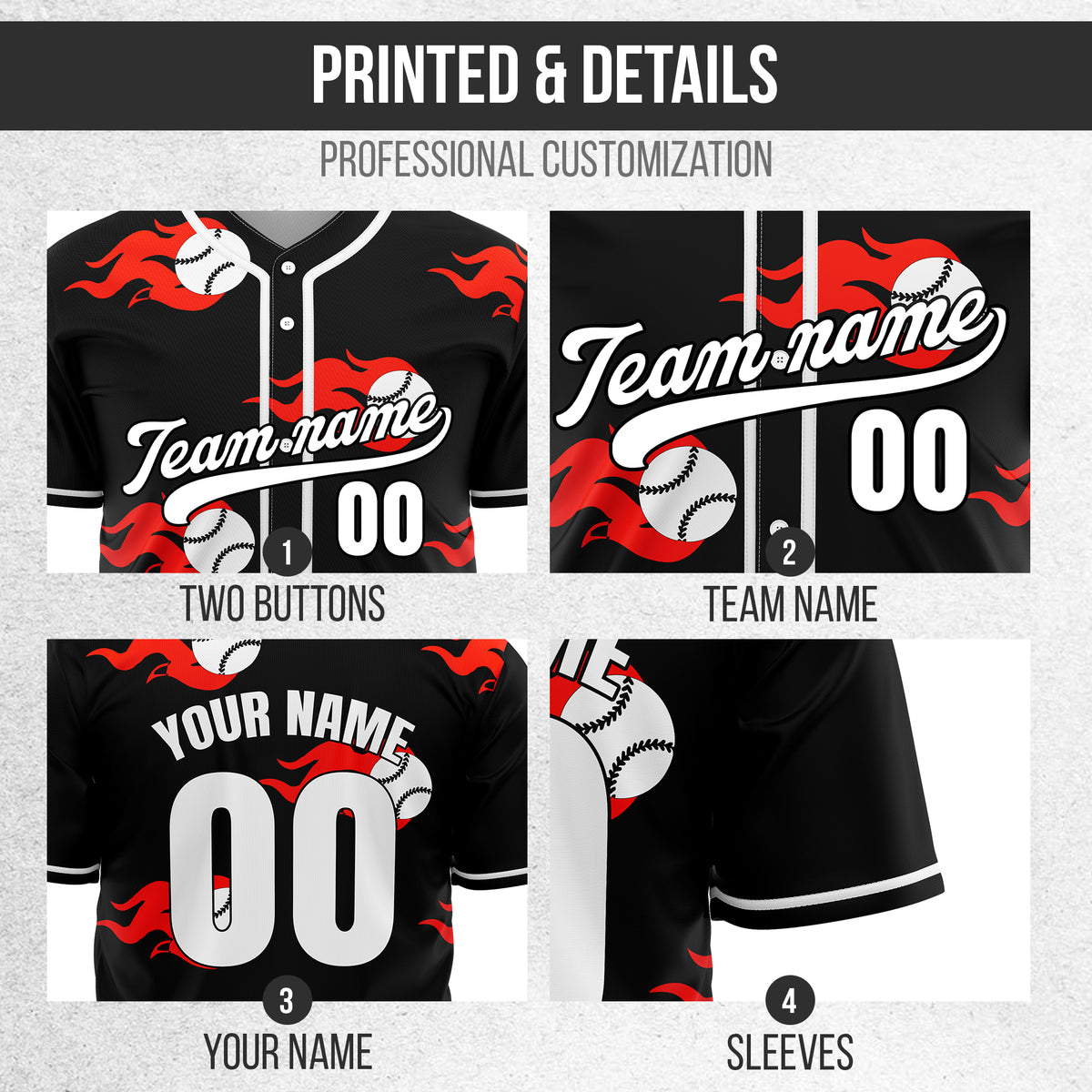 Custom Fireballers Black Baseball Sports Jersey Personalized Uniform with Name & Number
