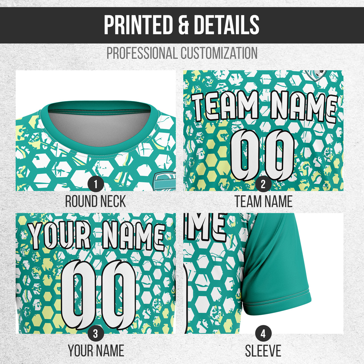 Custom Soccer Teal Round Neck Hex Pattern Sports Tops Jersey