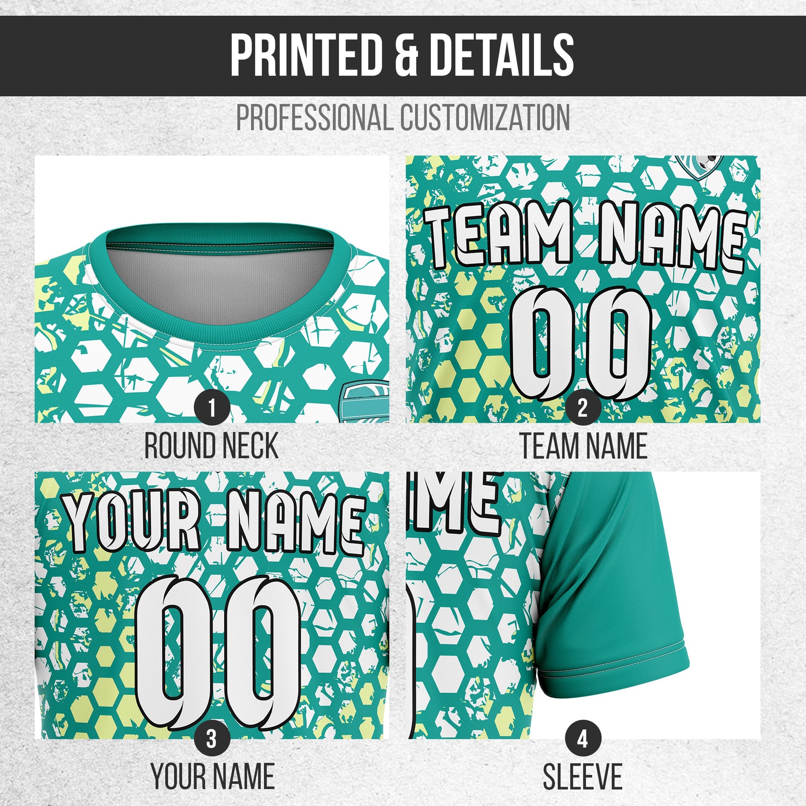 Custom Soccer Teal Round Neck Hex Pattern Sports Tops Jersey