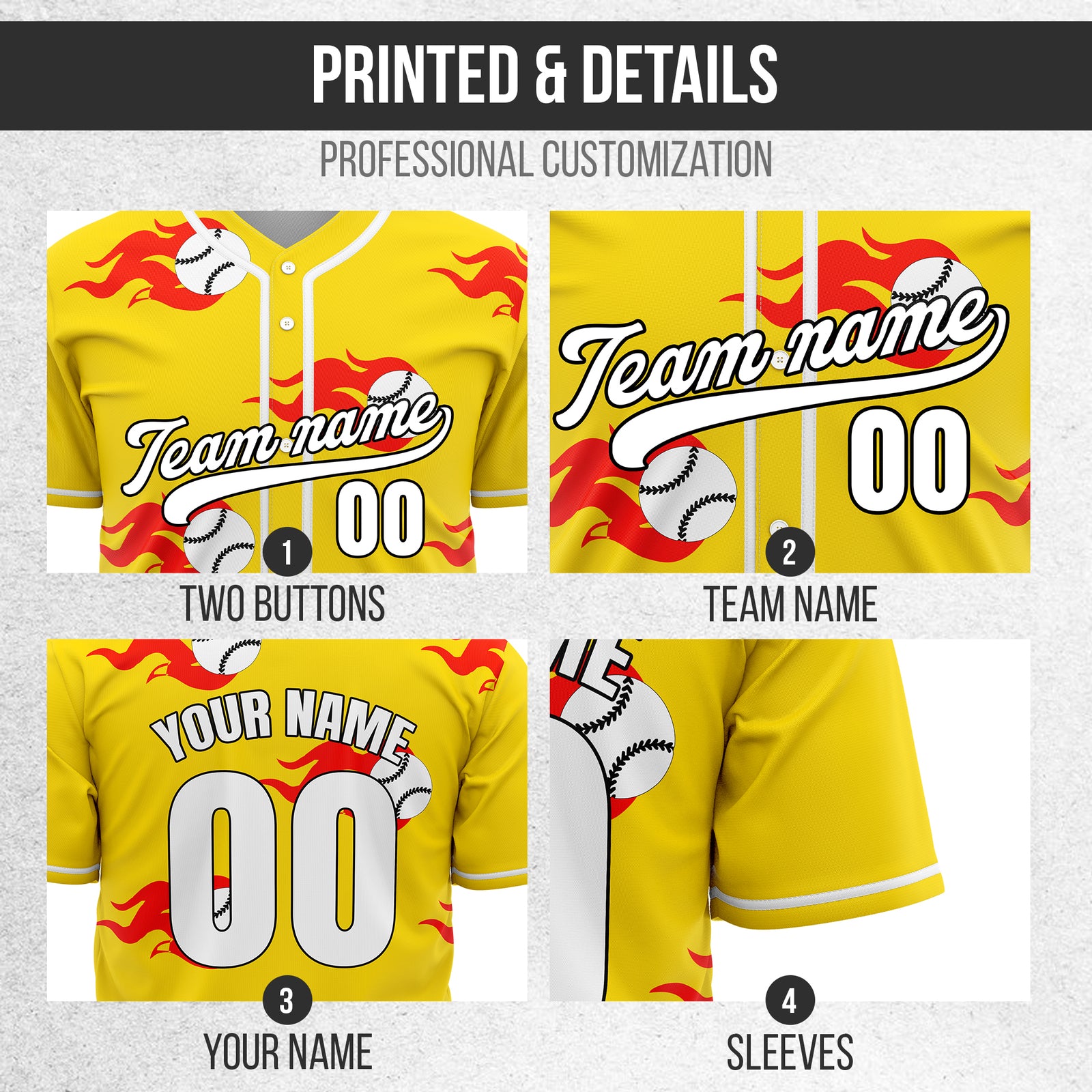 Custom Fireballers Yellow Baseball Sports Jersey Personalized Uniform with Name & Number