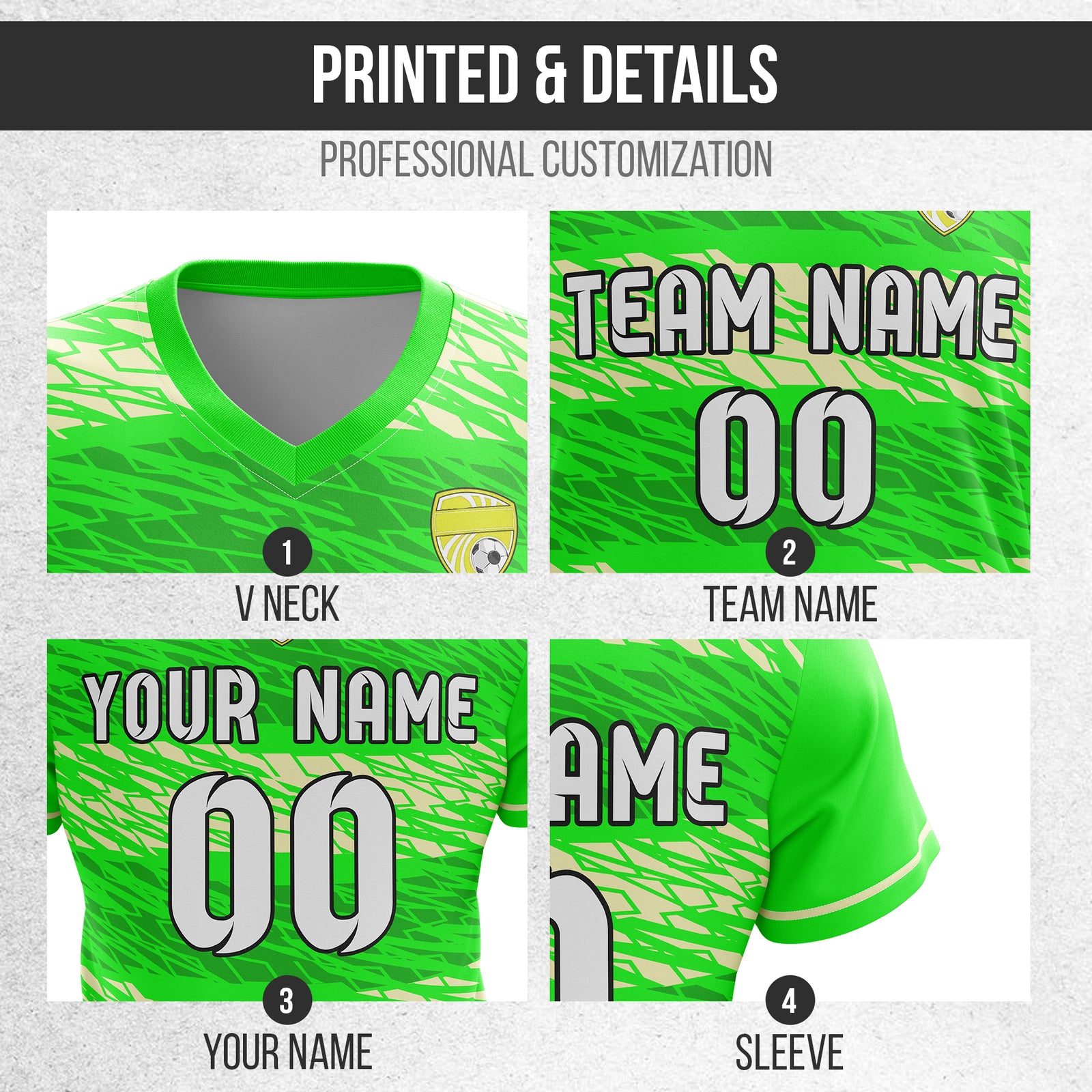 Custom Flare Strike V-Full Pattern Soccer Neon Green Sport Tops Jersey