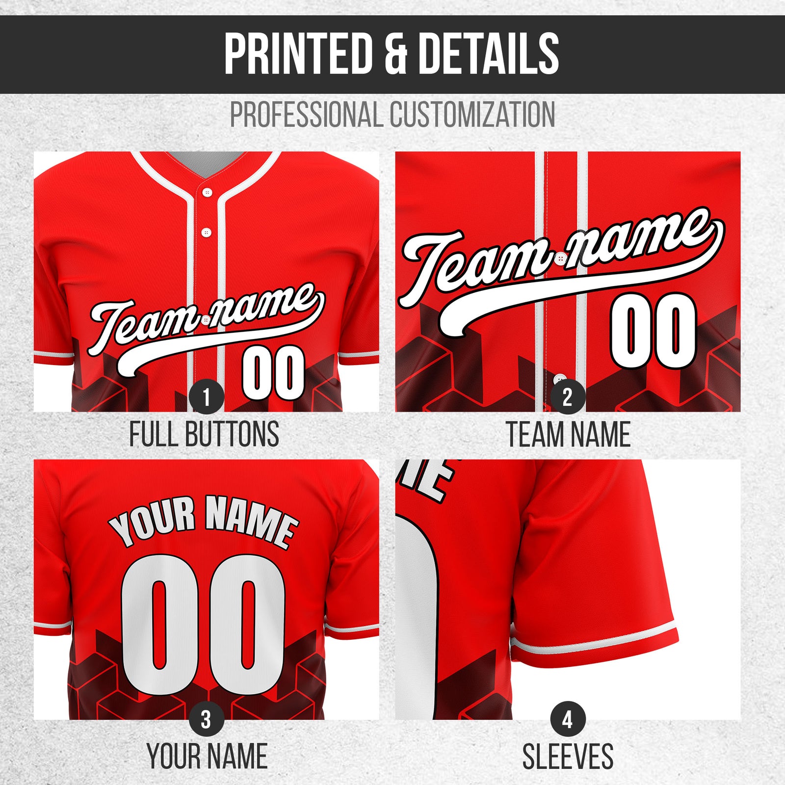 Custom Grid Iron Red Baseball Sports Jersey Personalized Uniform with Name & Number
