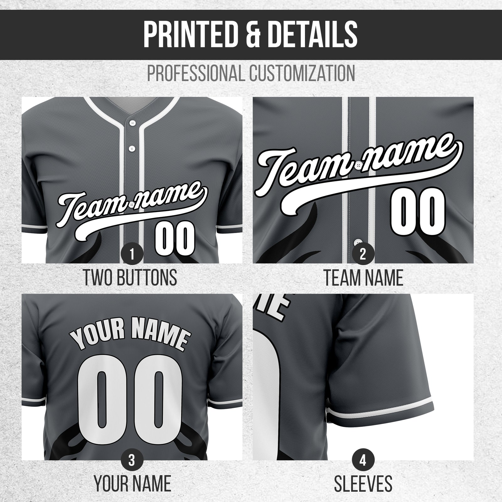 Custom Shadow Flames Dark Grey Baseball Sports Jersey Personalized Uniform with Name & Number